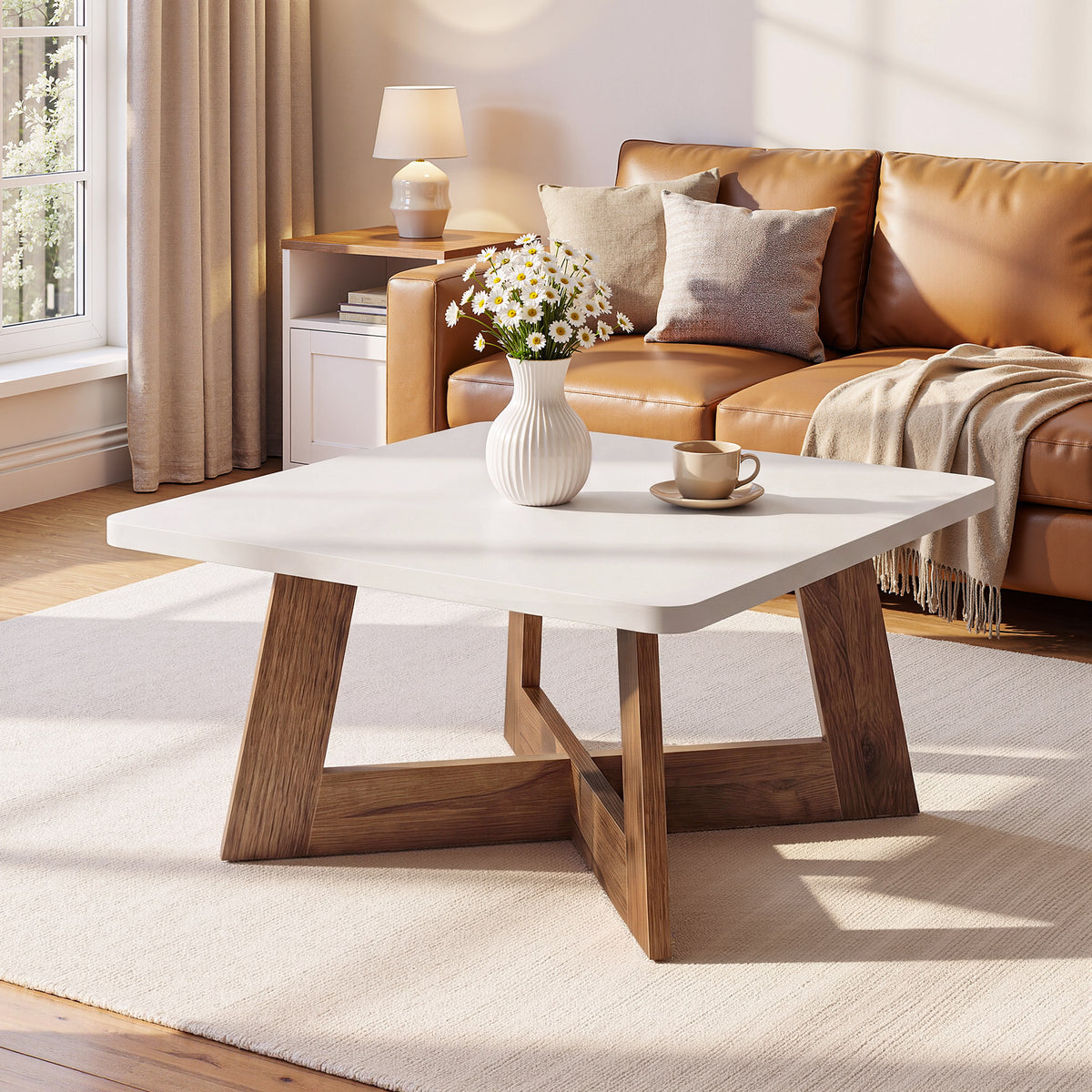 80cm Square Coffee Table, Modern White Centre Table with Cross Base for Living Room