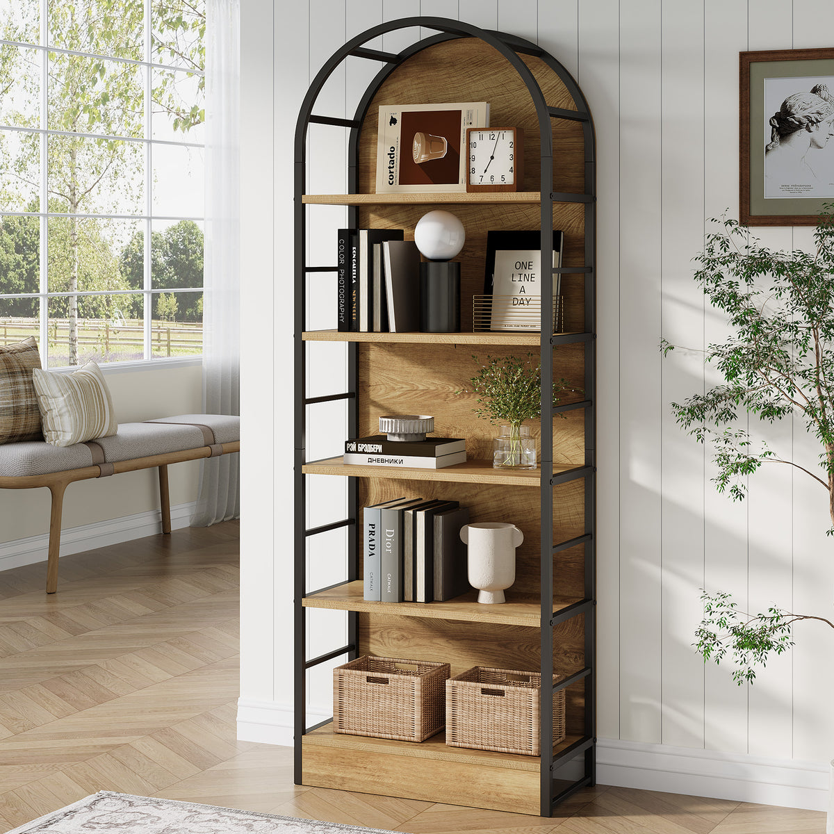 180cm Arched Bookshelf, Tall Wooden Storage Shelf for Living Room