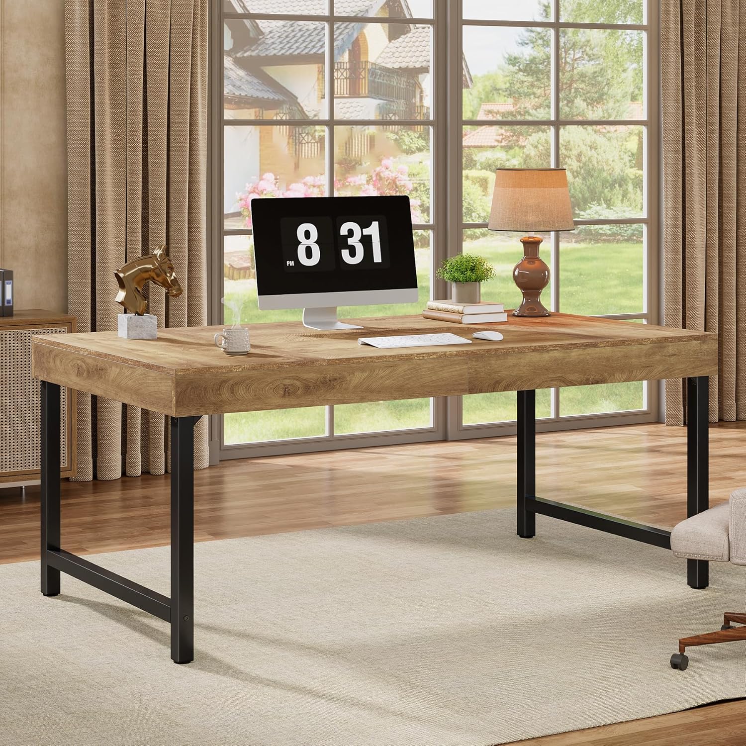55" Industrial Executive Desk, Rustic Office Desk with Metal Legs, Study & Conference Workstation