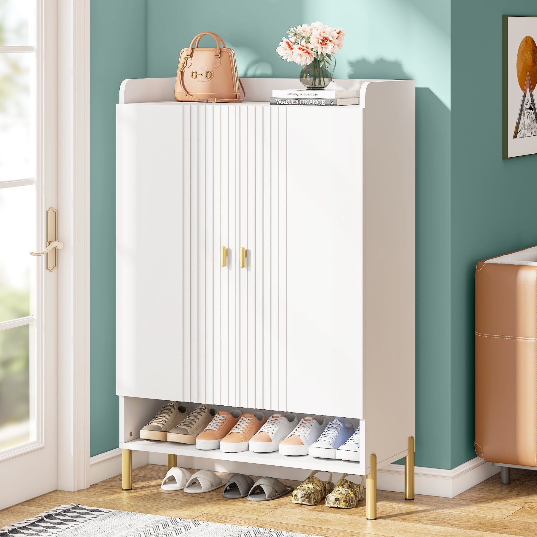 6-Tier Shoe Cabinet, Freestanding White Organizer with Doors for Entryway