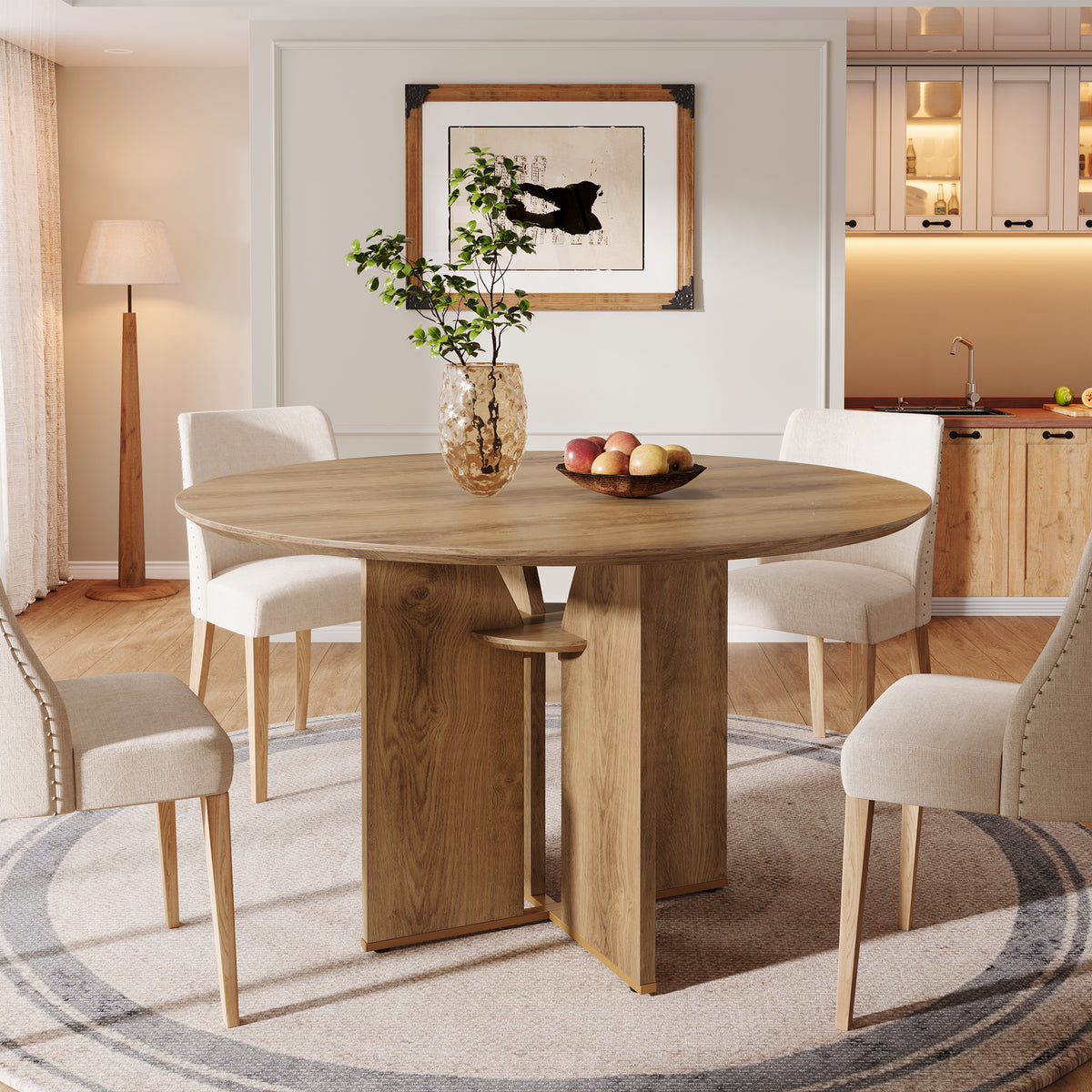39.4" Round Dining Table, Farmhouse Kitchen Table with Storage Shelf and X-Shape Base
