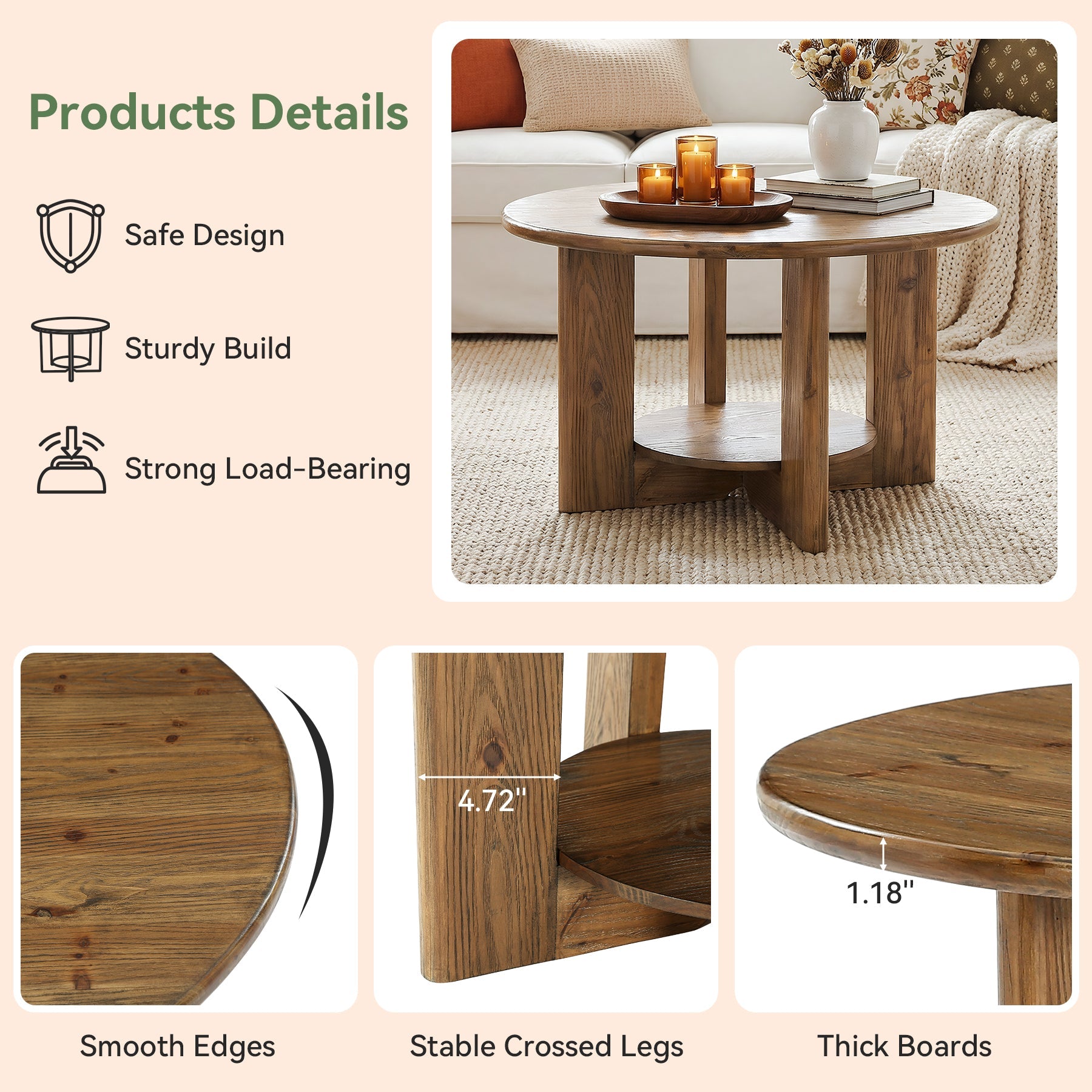 80cm Solid Wood Round Coffee Table, 2-Tier Accent Center Table with Storage
