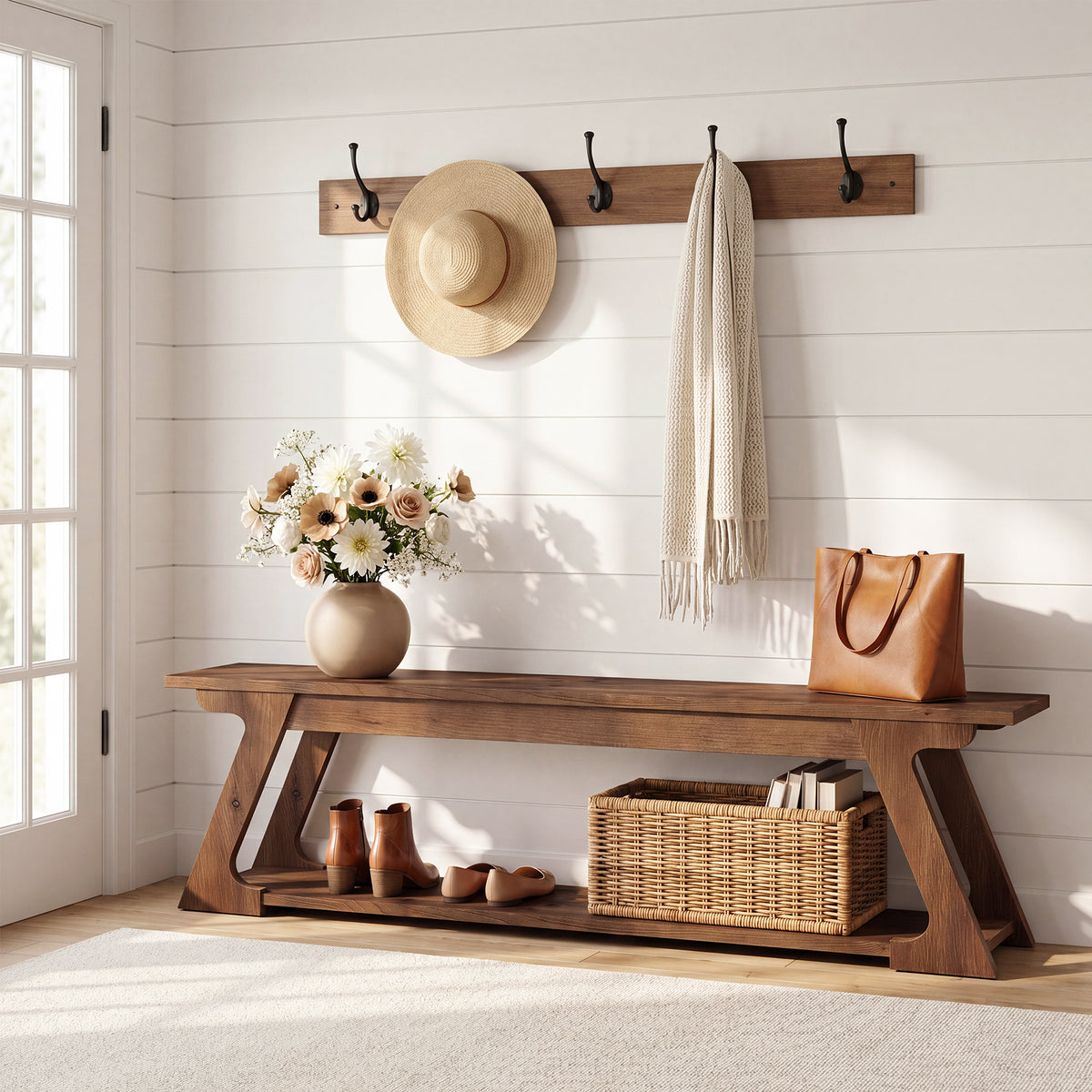 150cm Entryway Bench, Solid Wood Farmhouse Storage Bench for Hallway Living Room