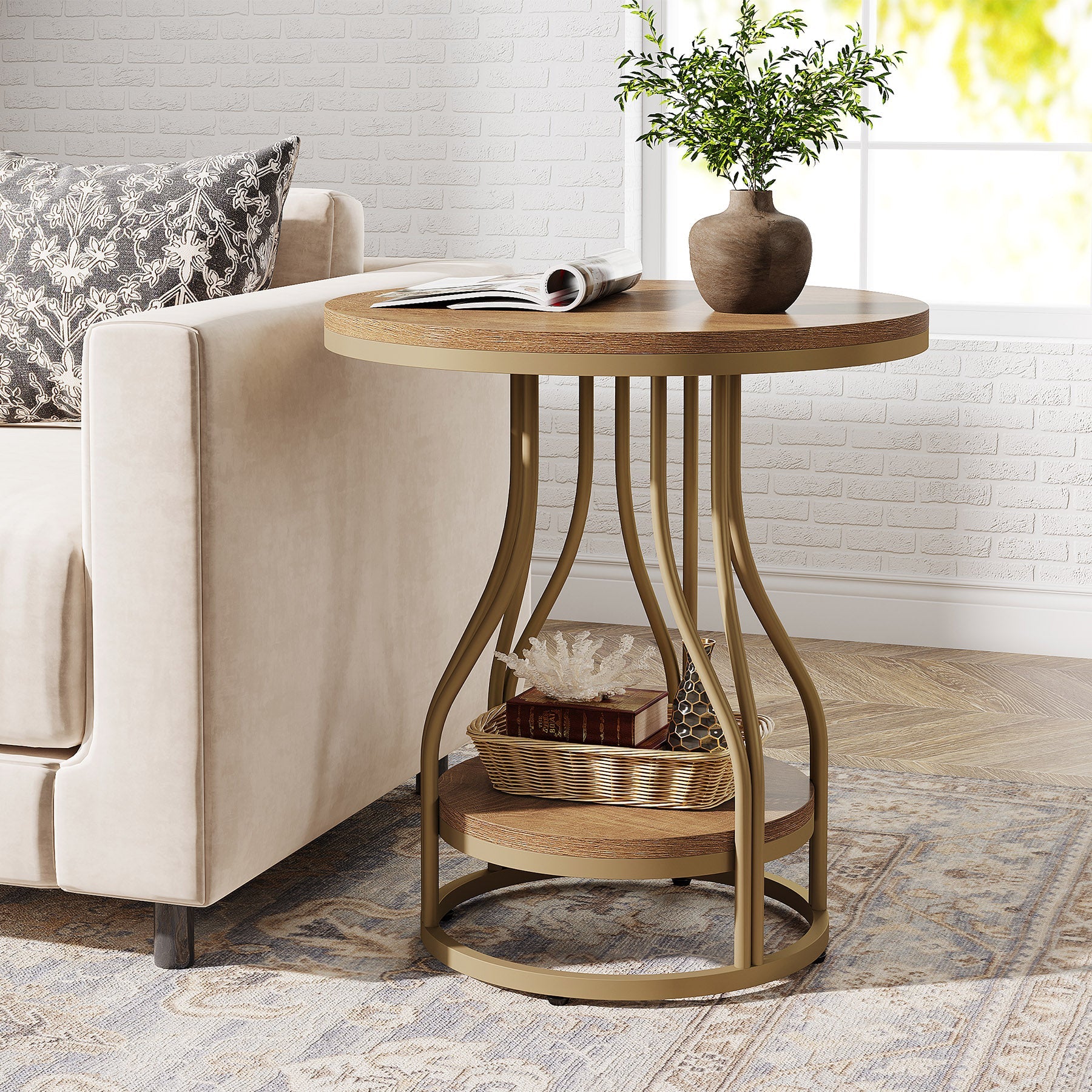 20” 2-Tier End Table, Round Sofa Side Table with Metal Frame