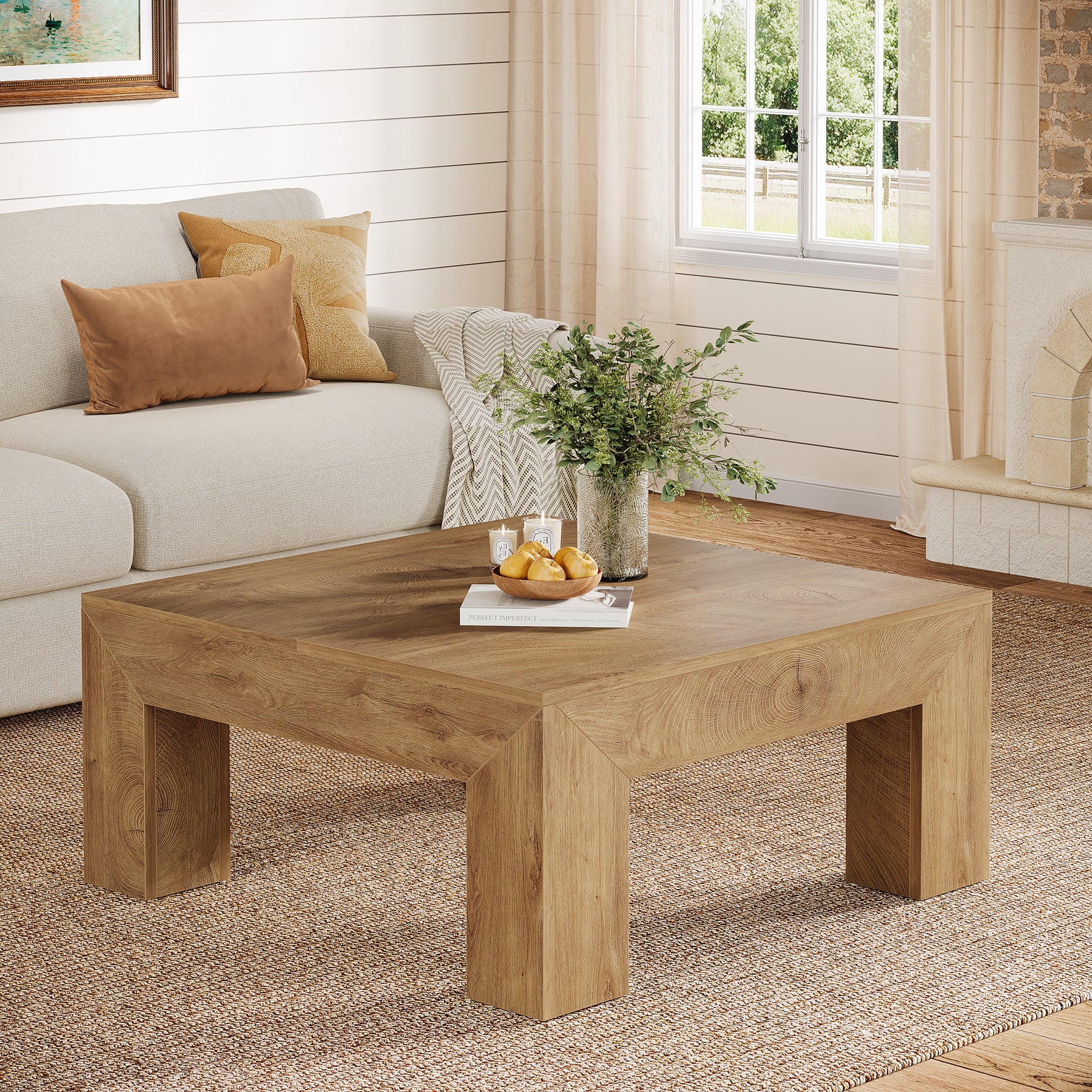 39" Square Farmhouse Coffee Table, Tea Table with Sturdy Wood Legs