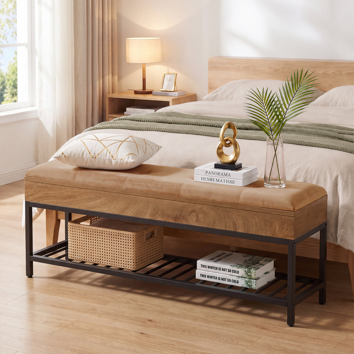 140cm Shoe Bench, 2-Tier Entryway Bench with Cushion & Metal Frame