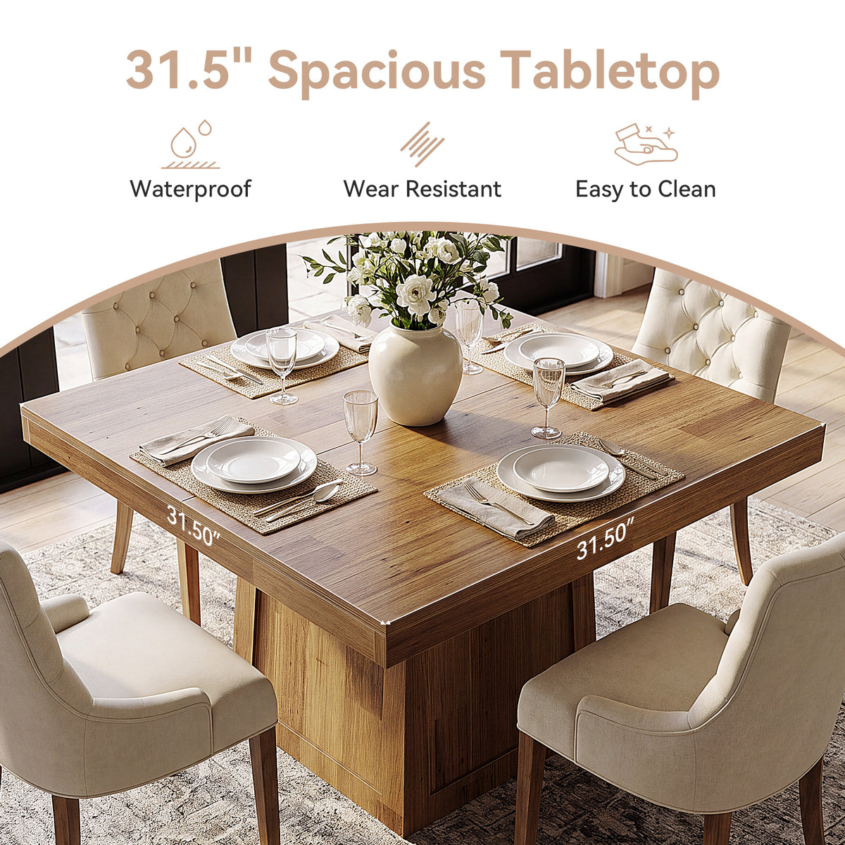 80cm Square Dining Table, Farmhouse Dinner Table with Trapezoidal Base for 2-4