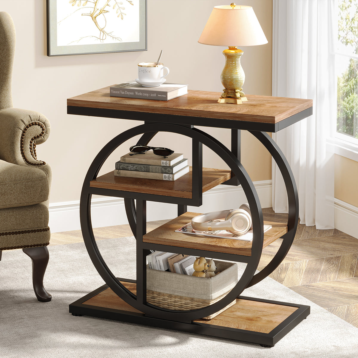 23.6" Industrial 4-Tier End Table - Narrow Wood & Metal Side Table with Storage Shelves, Rustic Brown