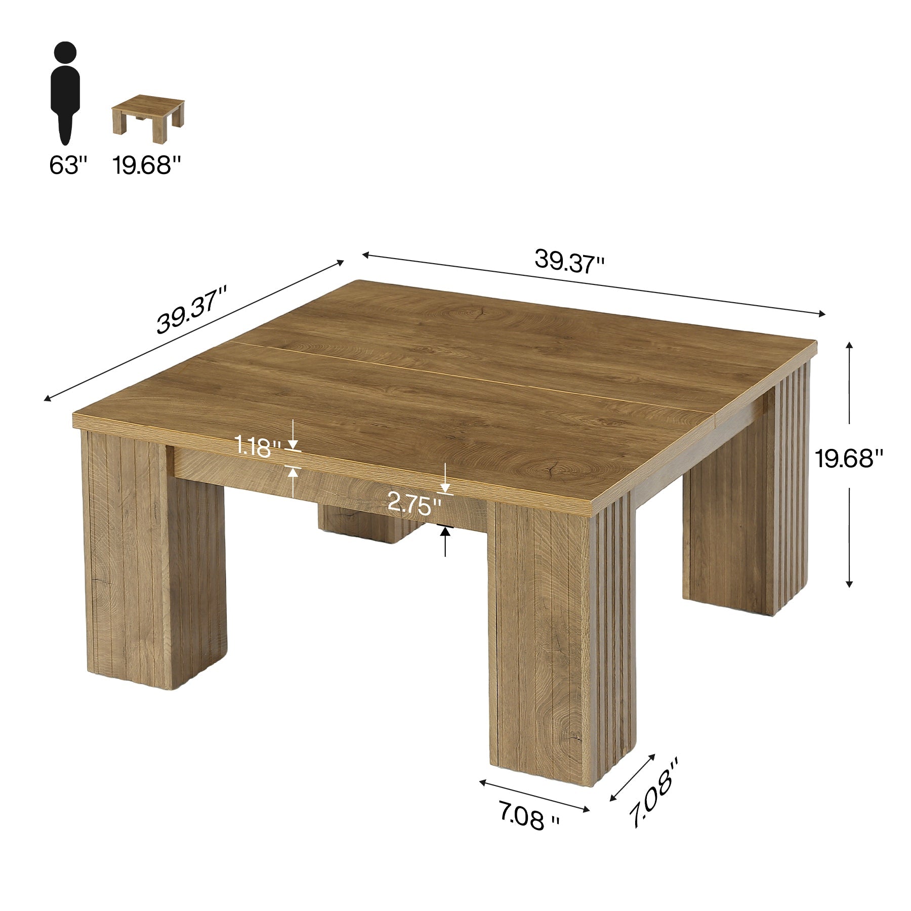 100cm Square Coffee Table, Farmhouse Center Table with Fluted Legs