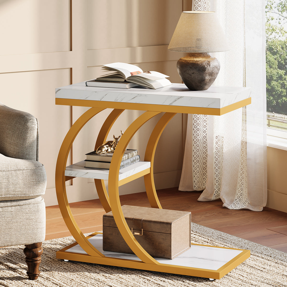 60cm End Table, 3-Tier Couch C-Shaped Side Table with Storage
