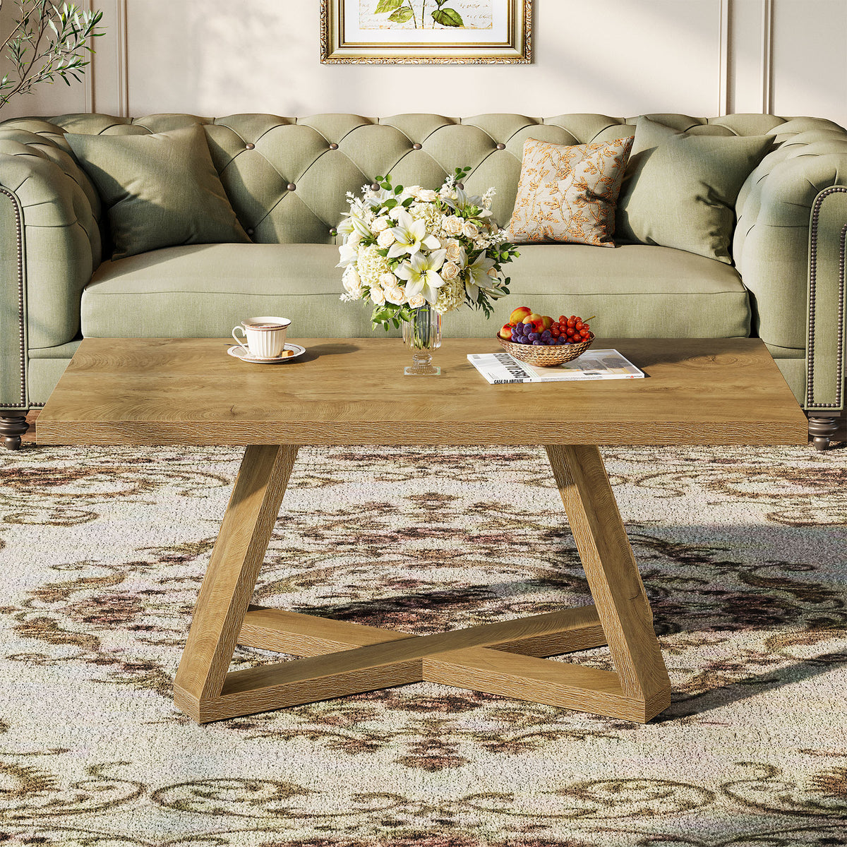 120cm Rectangle Coffee Table, Farmhouse Wooden Accent Table for Small Spaces