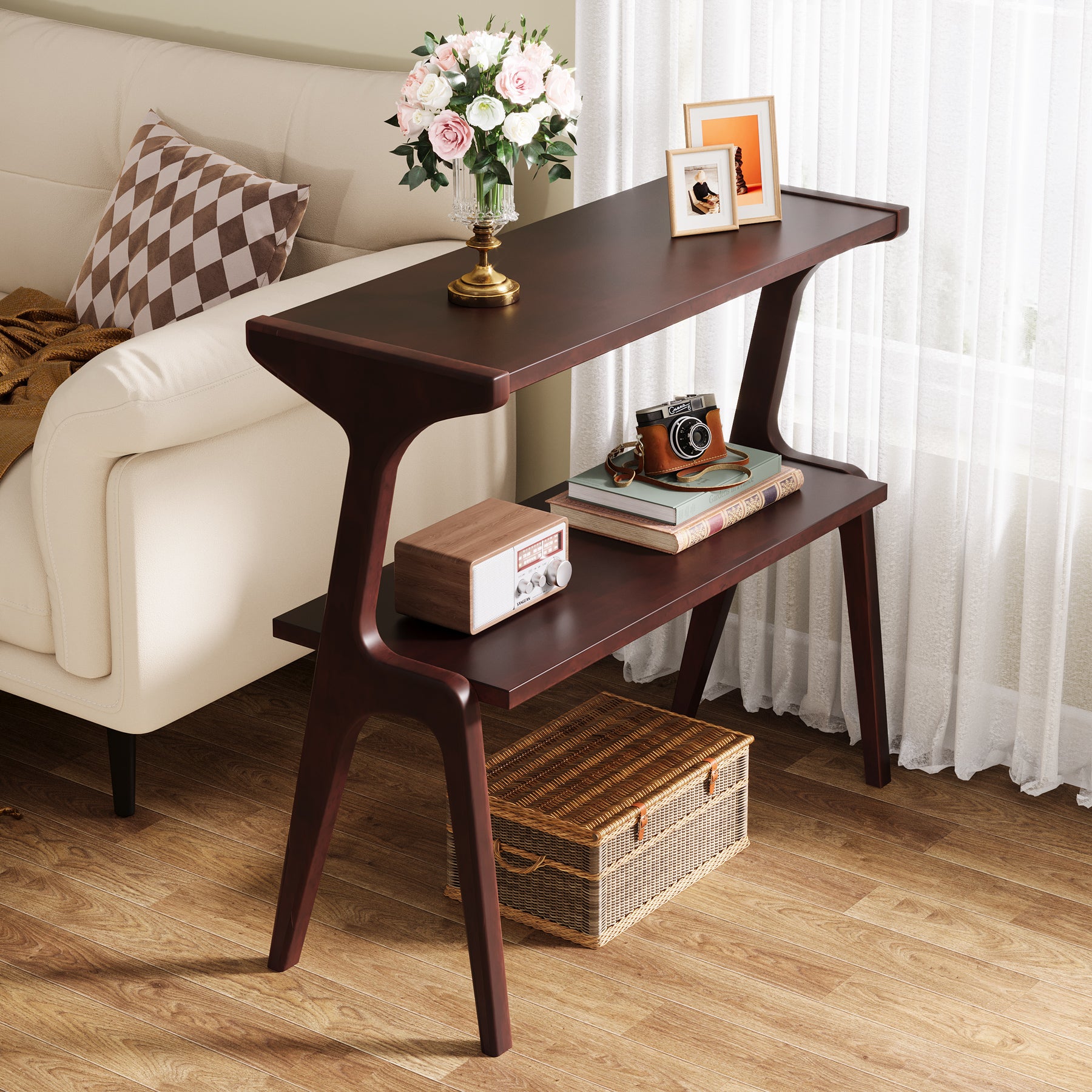 27.5" 2-Tier End Table, Slim Sofa Side Table with Storage Shelf