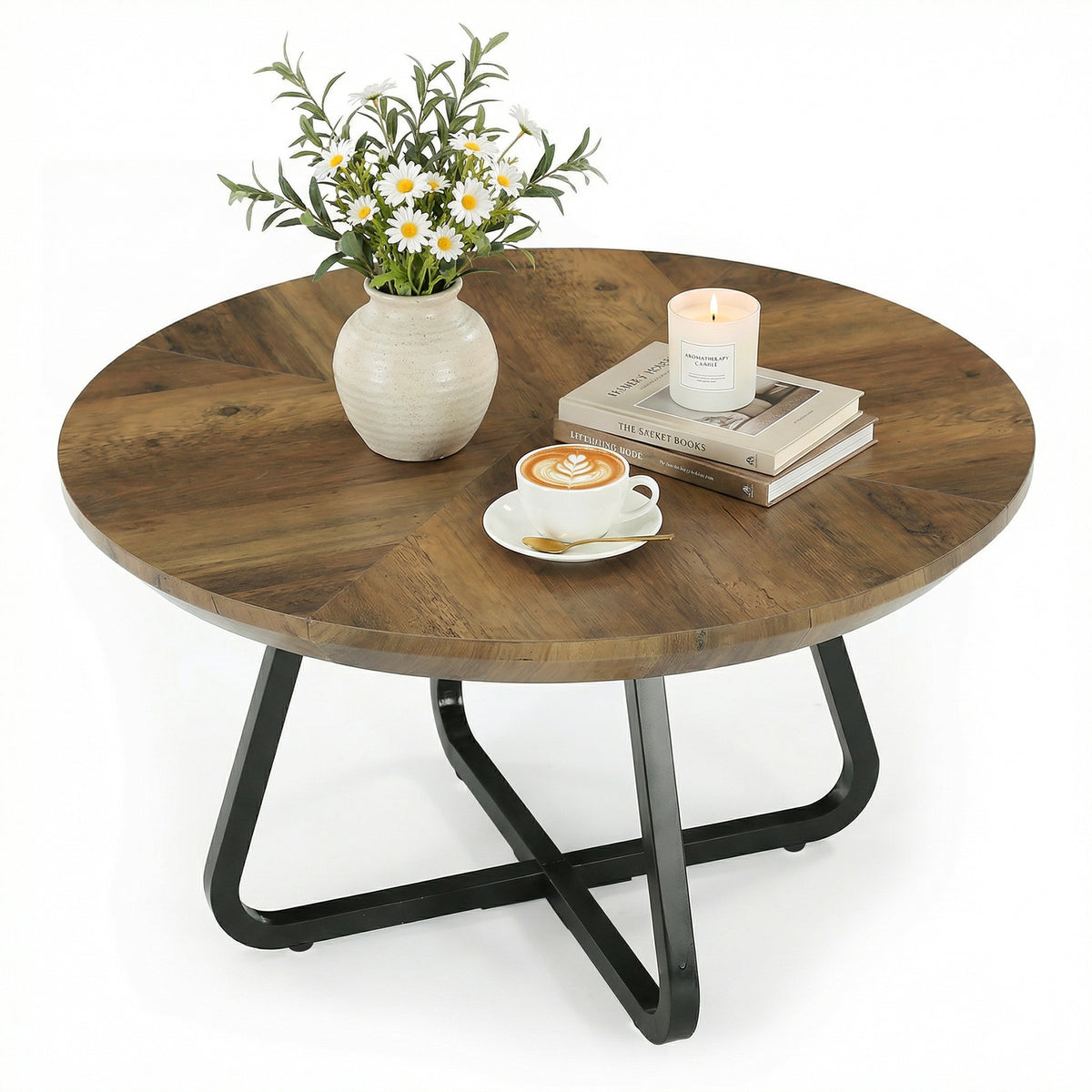 Tribesigns 80cm round coffee table, industrial-style centre table with metal legs