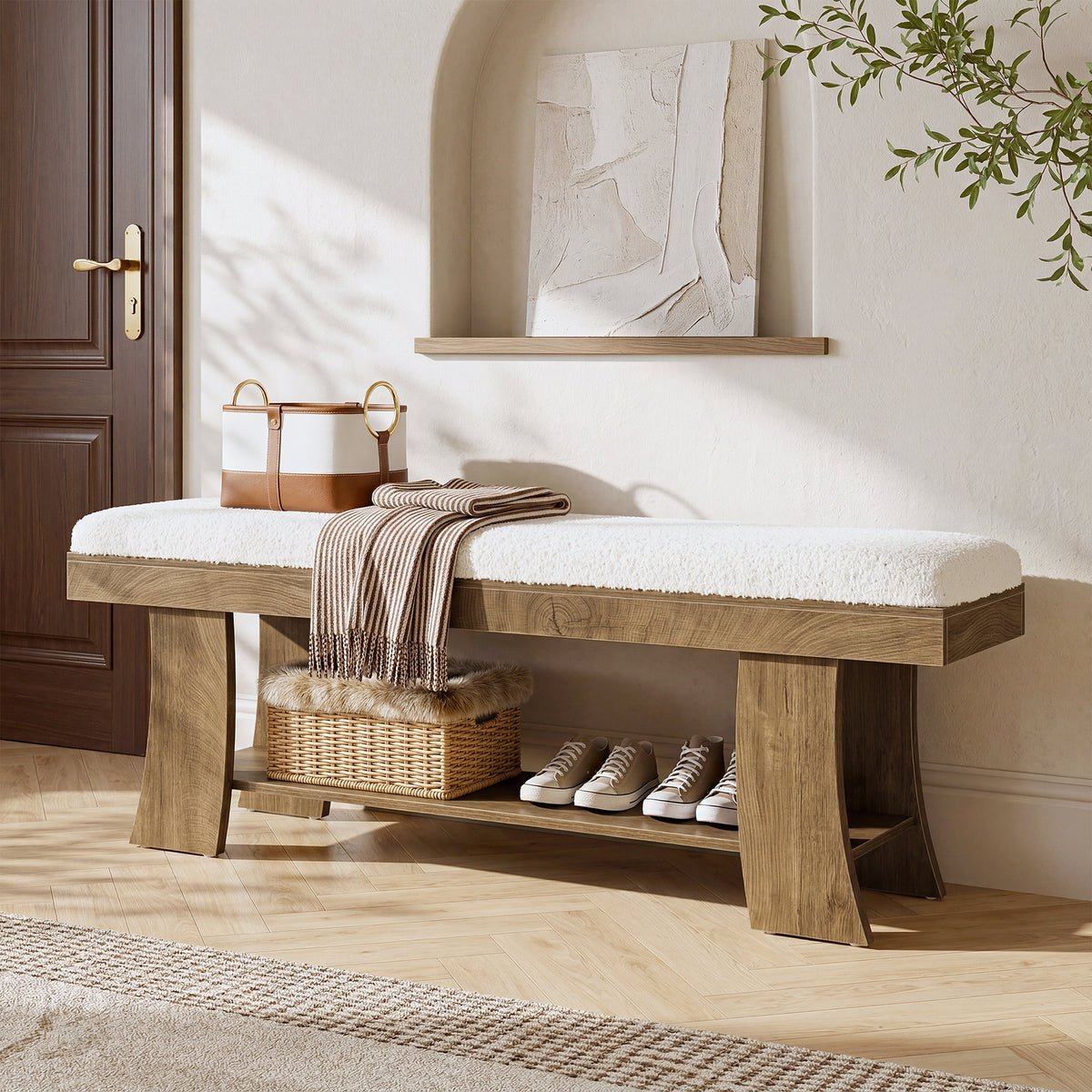 150cm Entryway Bench, Upholstered Shoe Bench with Cushion & Storage Shelf for Hallway