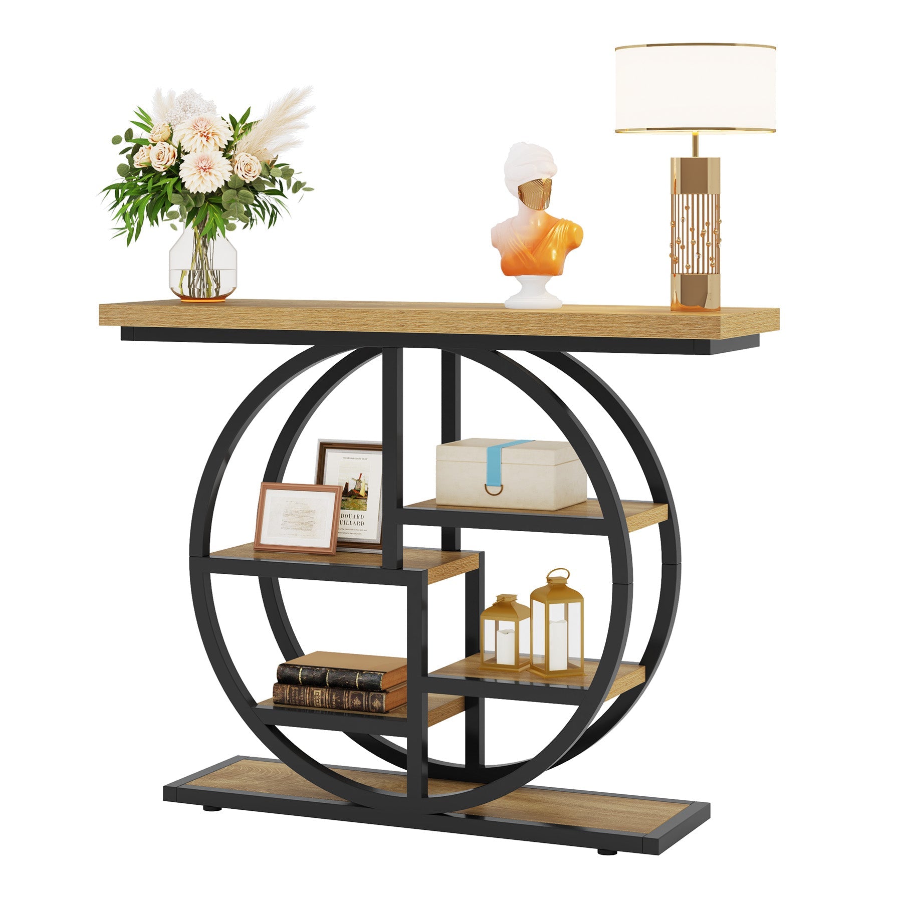 41" Industrial Console Table, Narrow 6-Tier Sofa Entryway Table with Circle Base