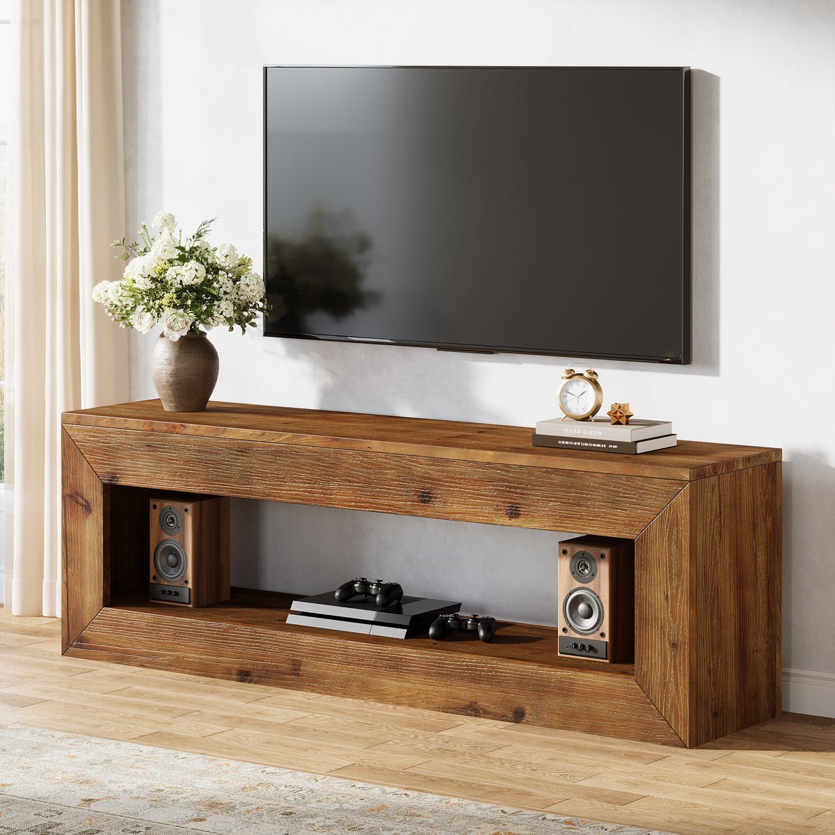 120cm TV Stand, Solid Wood Low Media Cabinet with Storage for Living Room Bedroom
