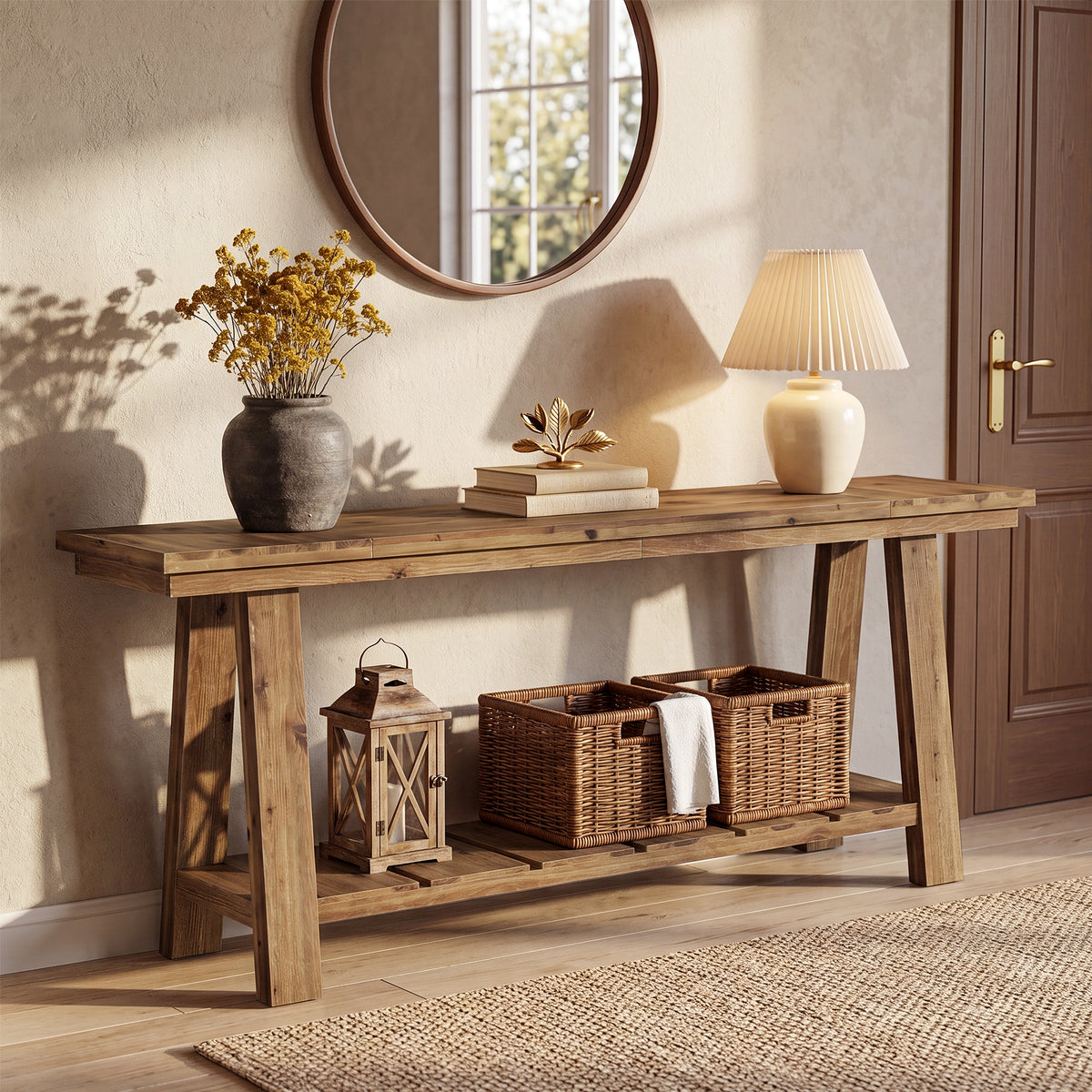 200cm Console Table, Long Farmhouse Entryway Table with 2-Tier Storage Shelf