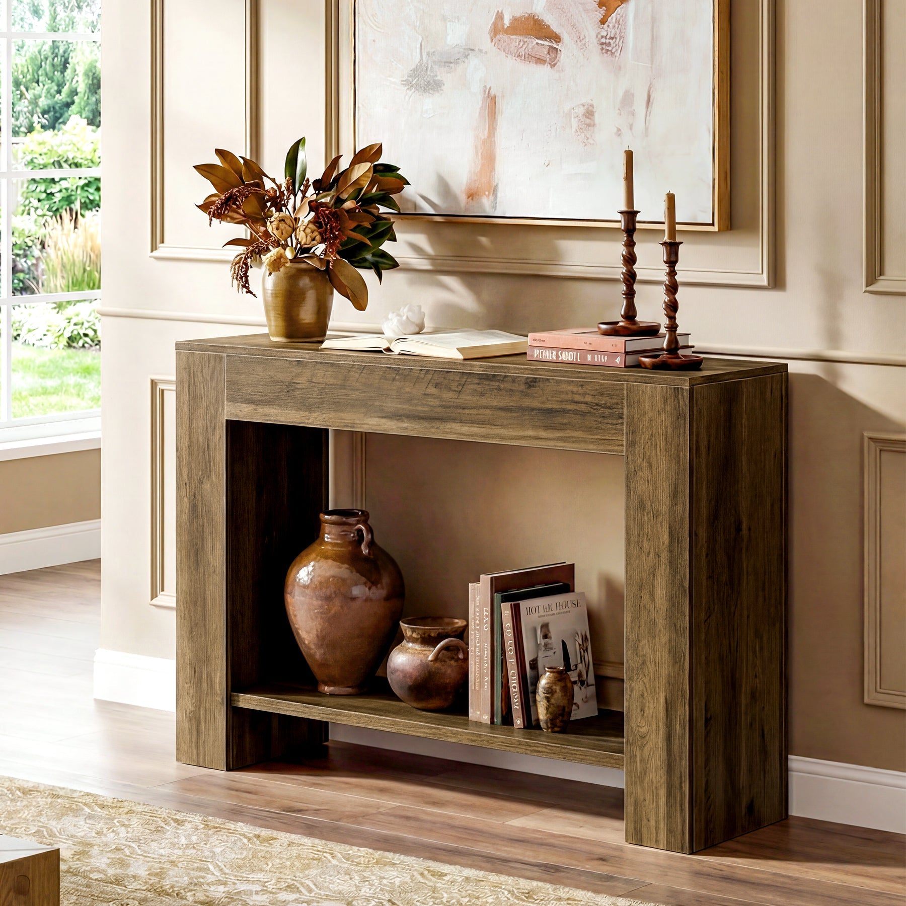 105cm Farmhouse Console Table with 2-Tier Shelf, Narrow Entryway Sofa Table with Storage