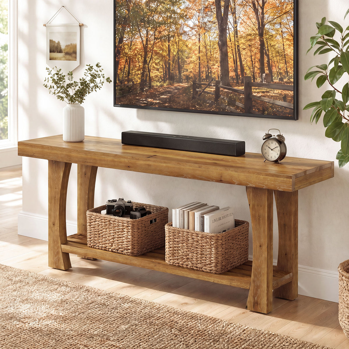160cm TV Stand, Solid Wood 2-Tier Cabinet for 55-70" TVs