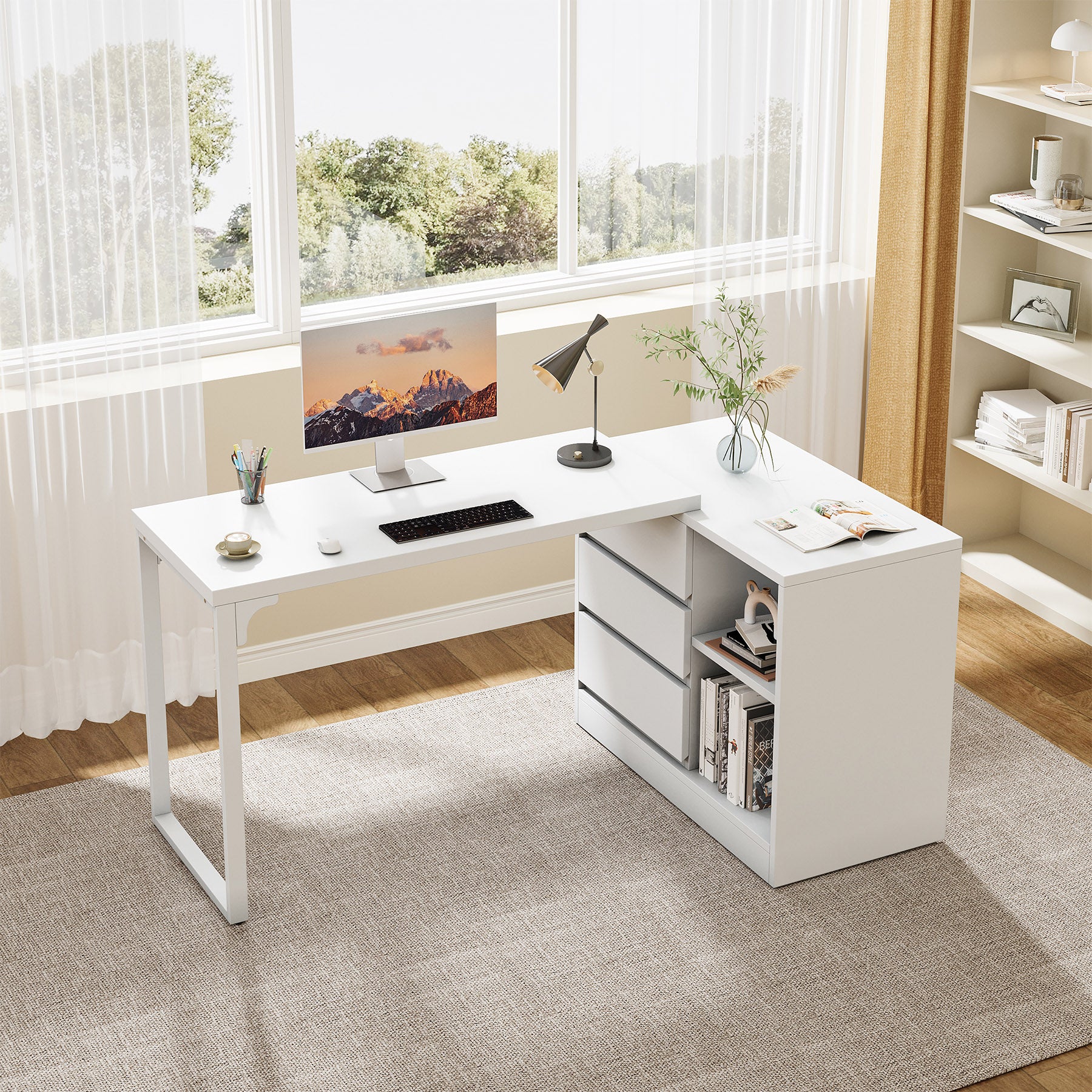 L-Shaped Computer Desk, Reversible Corner Desk With Drawer Cabinet