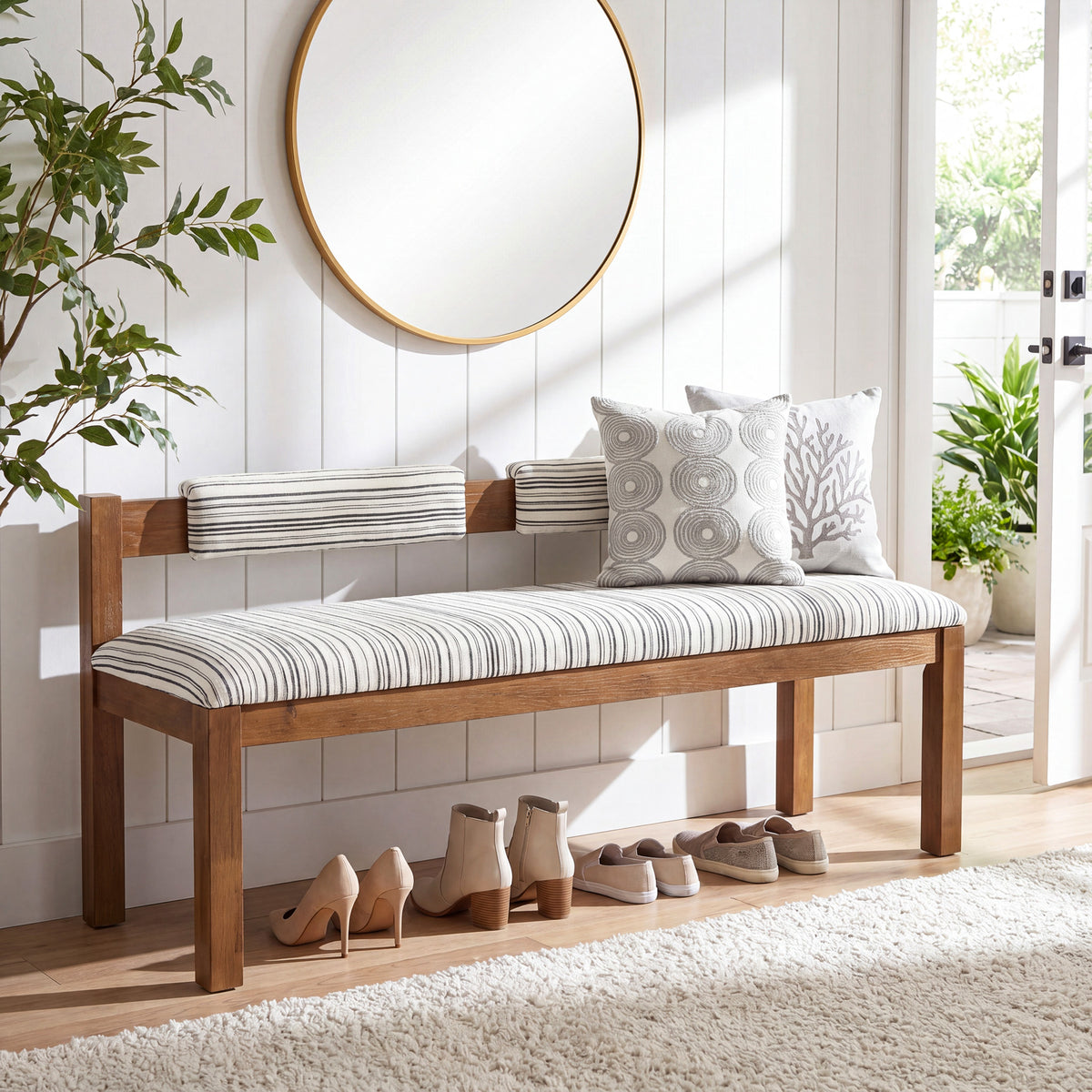 140cm Dining/shoe Bench, Upholstered Solid Wood with Chenille Seat & Backrest for 2-3 People