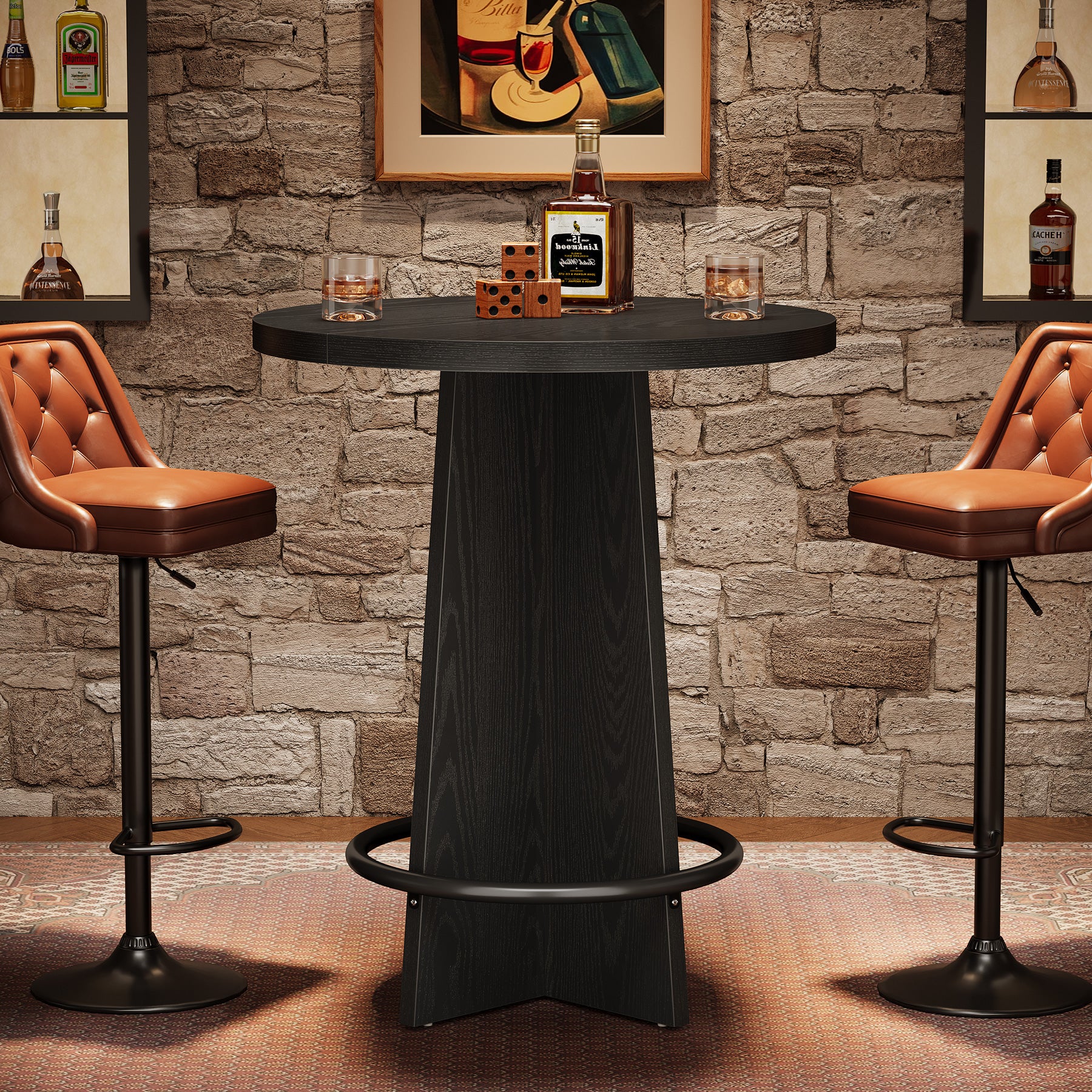 37.4'' Round Bar Table, Wooden Bistro Pub Table with Footrest