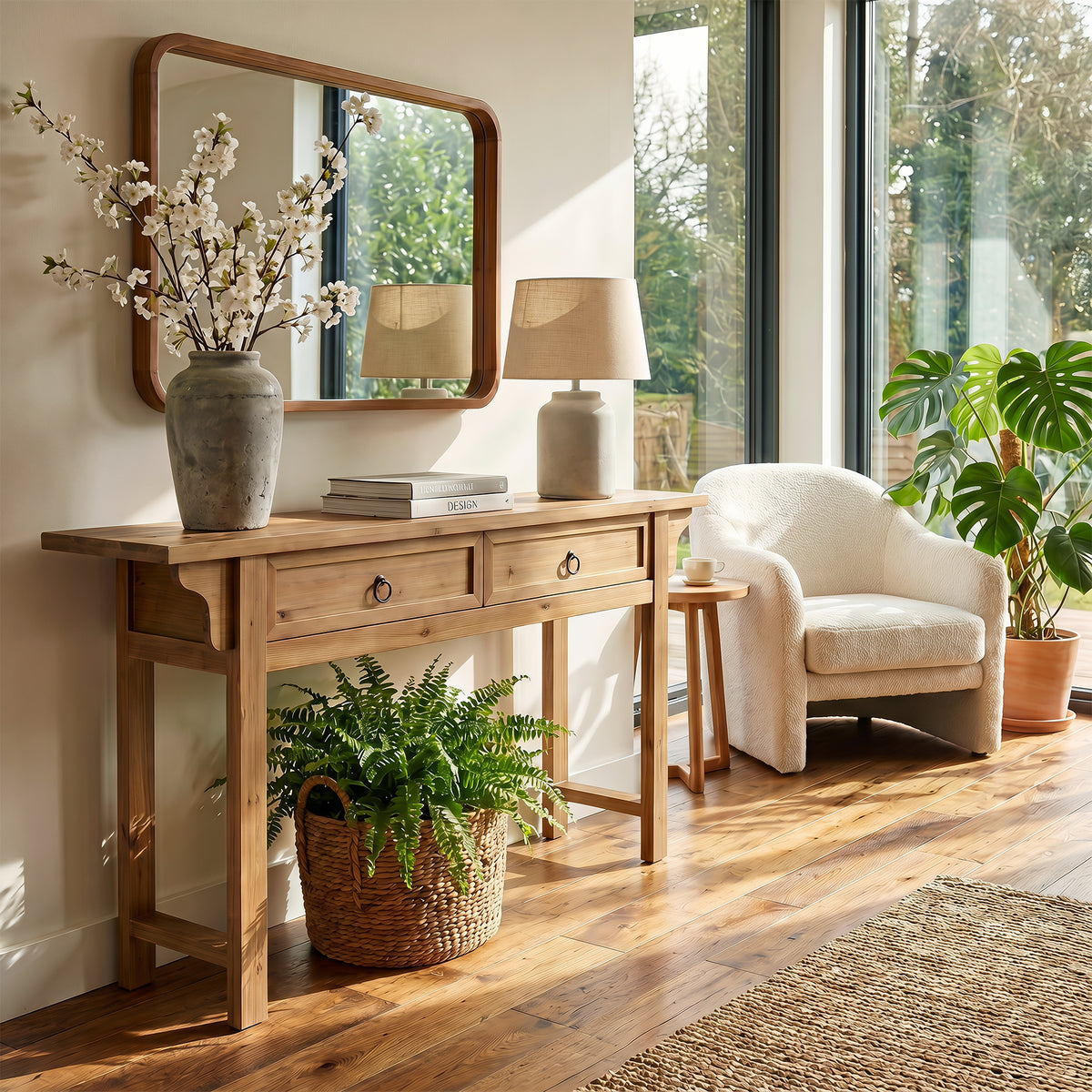 160cm Console Table, Solid Wood Narrow Hallway Table with 2 Drawers & Storage