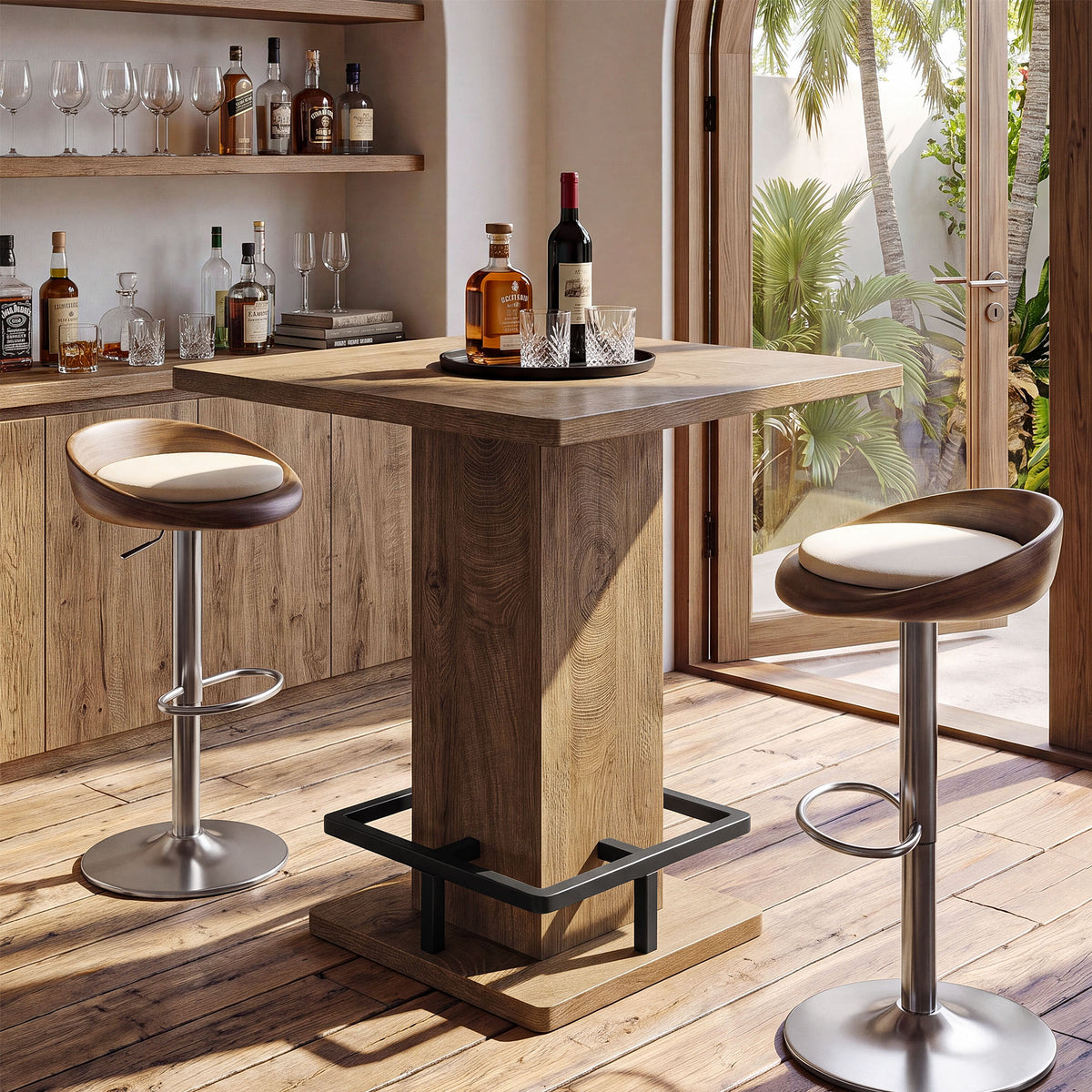 80cm Square Bar Table, Pedestal Base with Built-In Footrest for Home Bar