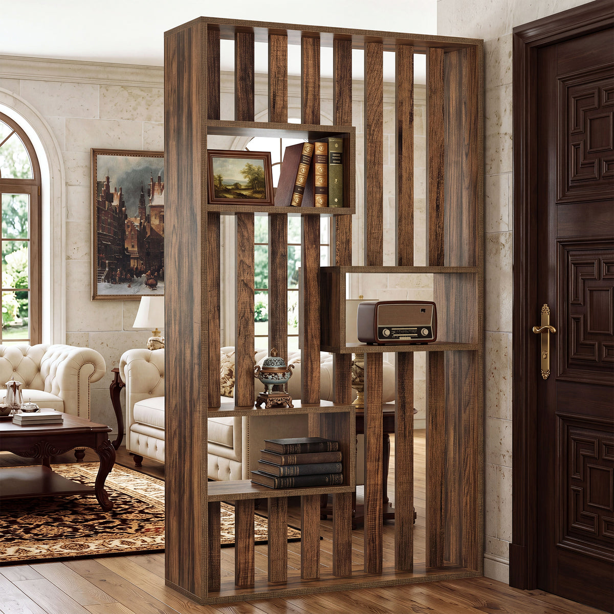180cm Room Divider, Freestanding Slatted Partition with Built-in Shelves
