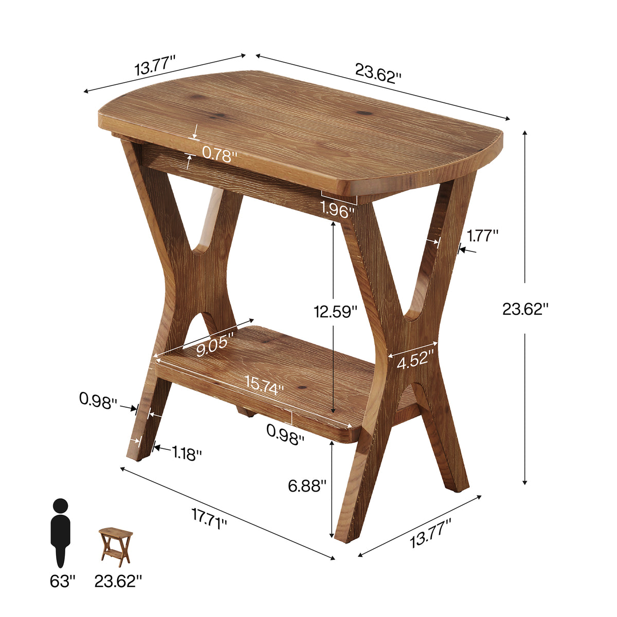 50cm Side Table, Solid Wood 2-Tier End Table Nightstand with Storage for Living Room