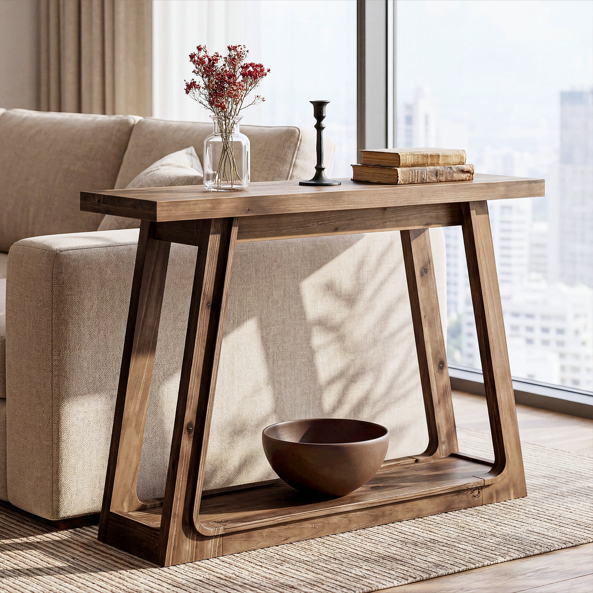 105cm Console Table, Solid Wood 2-Tier Narrow Entryway Sofa Table for Hallway