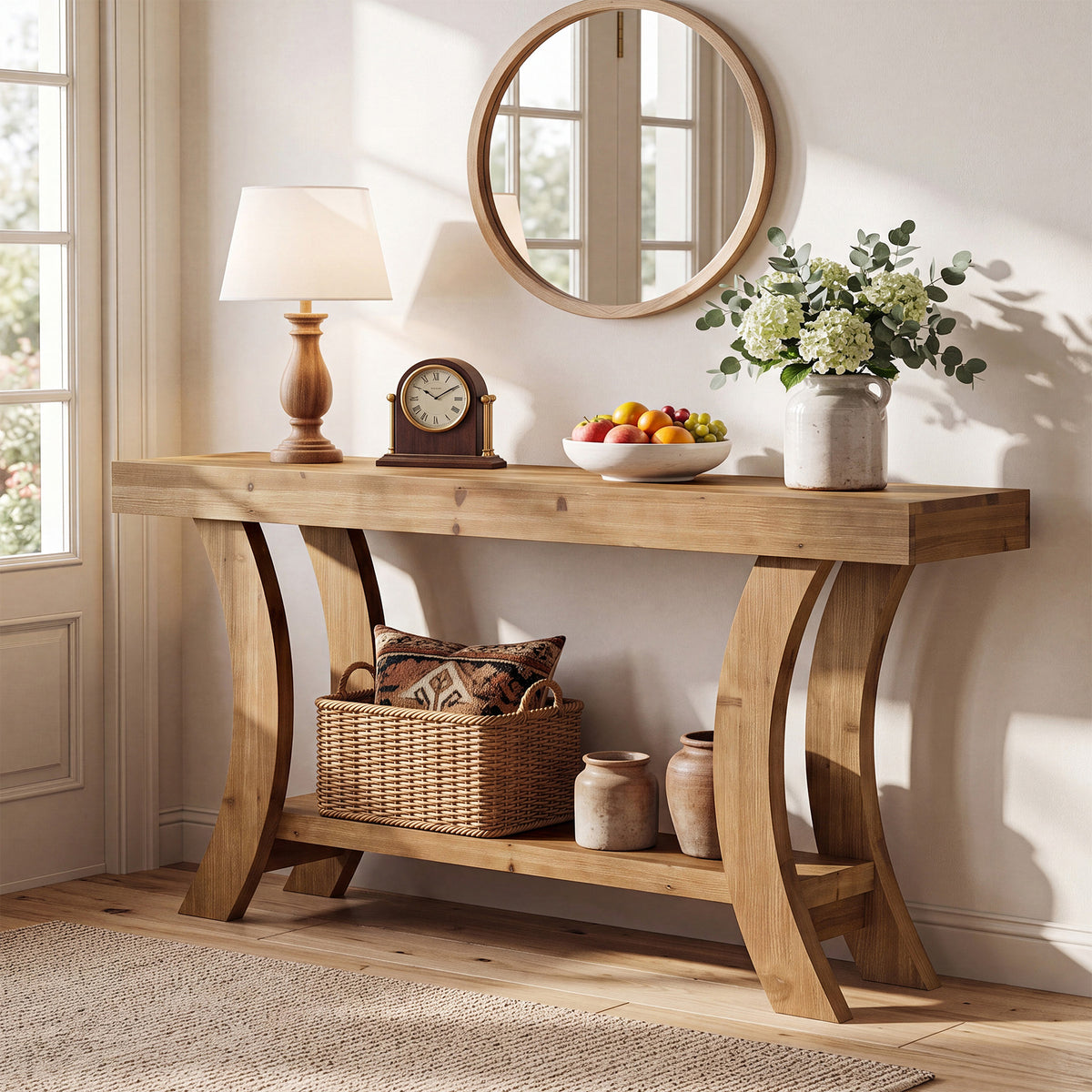 160cm Console Table, Solid Wood Hallway Table with Storage & Arched Frame