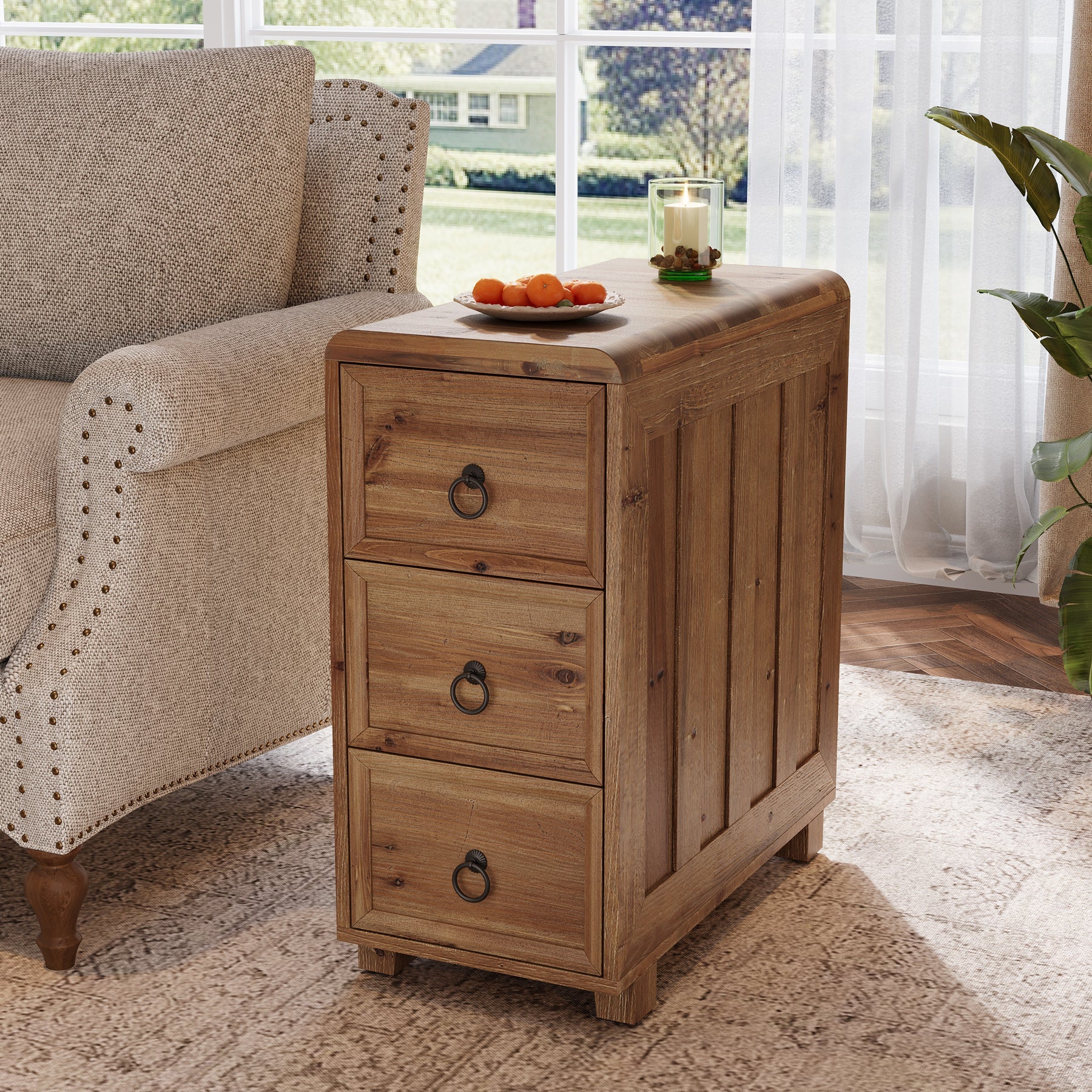 Solid Wood End Table, Narrow Side Table Nightstand with 3 Drawers