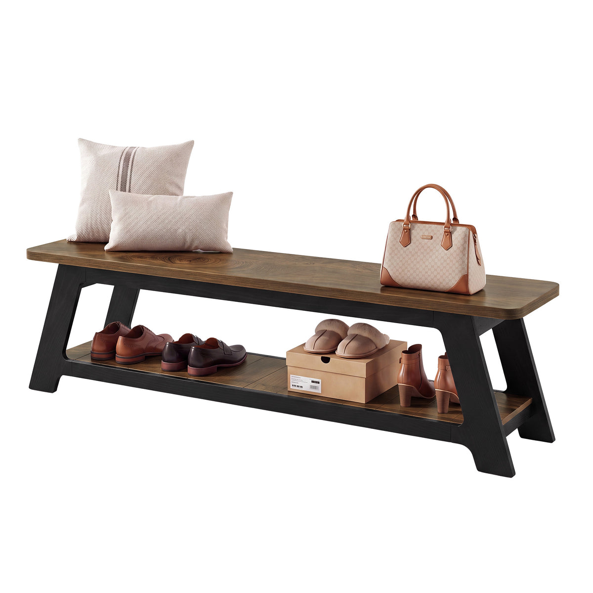 160cm Entryway Bench, Farmhouse Wooden Shoe Storage Bench with Shelf for Hallway