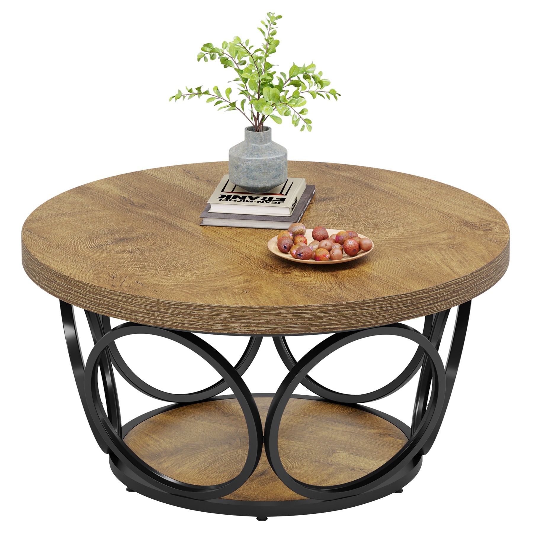 Farmhouse Coffee Table, Round Center Table with 2 Storage Shelves