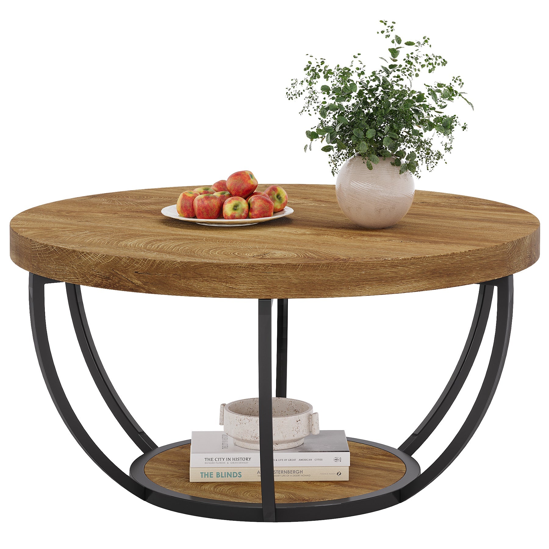 31.69" Round Wooden Coffee Table, 2-Tier Central Cocktail Table with Shelves