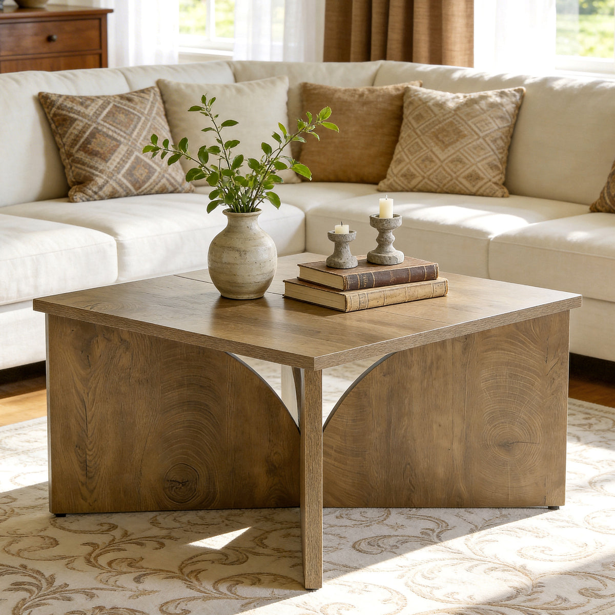 80cm Square Coffee Table, Rustic Wooden Living Room Table with Sturdy Base