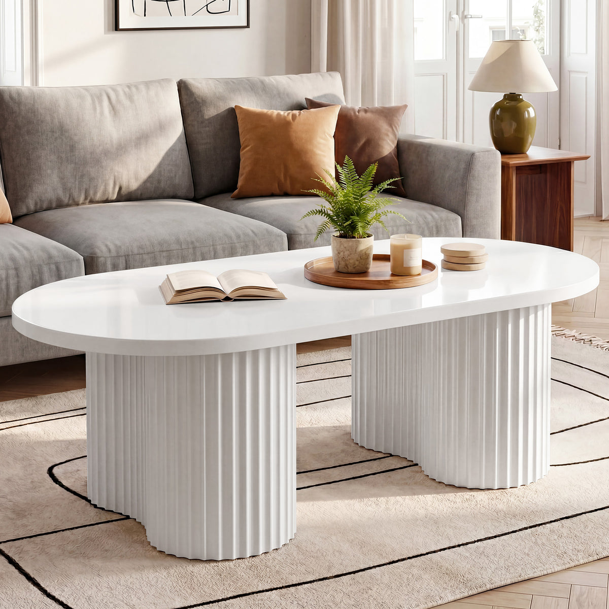 120cm Oval Coffee Table, Modern White Fluted Centre Table for Living Room & Office