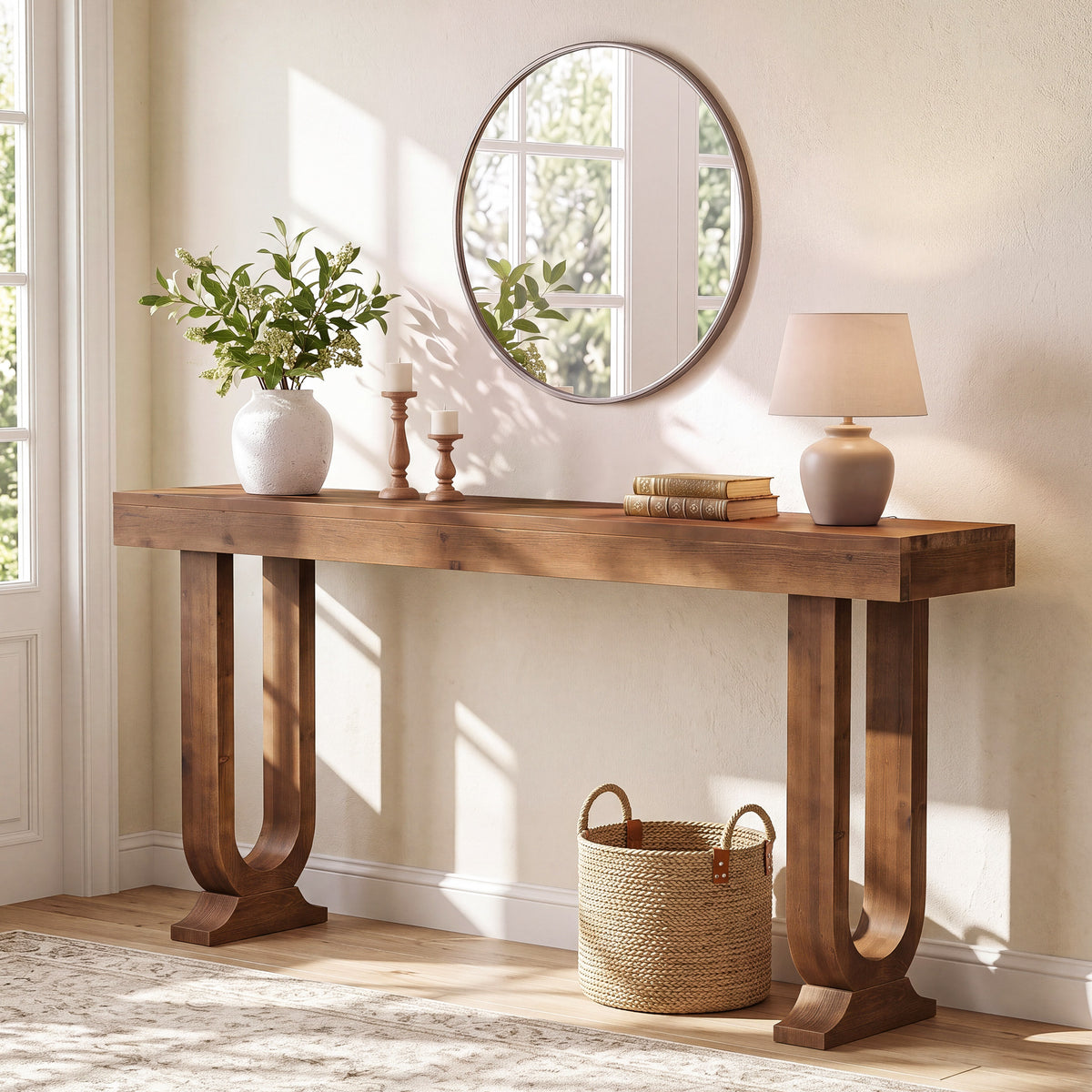 160cm Console Table, Farmhouse Thick Solid Wood & Unique Legs for Entryway