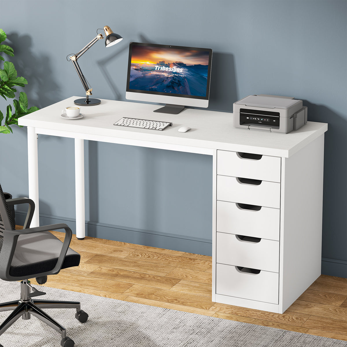 120cm Computer Desk, 5-Drawer Modern Study Table Writing Desk