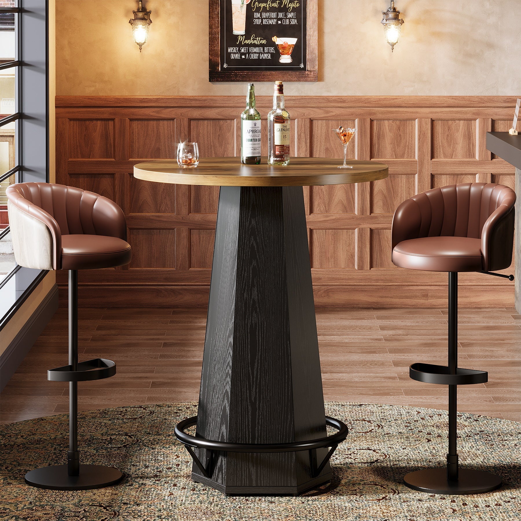 Round Bar Table, 39.4" H Bistro Pub Cocktail Table with Metal Footrest (Only Table)