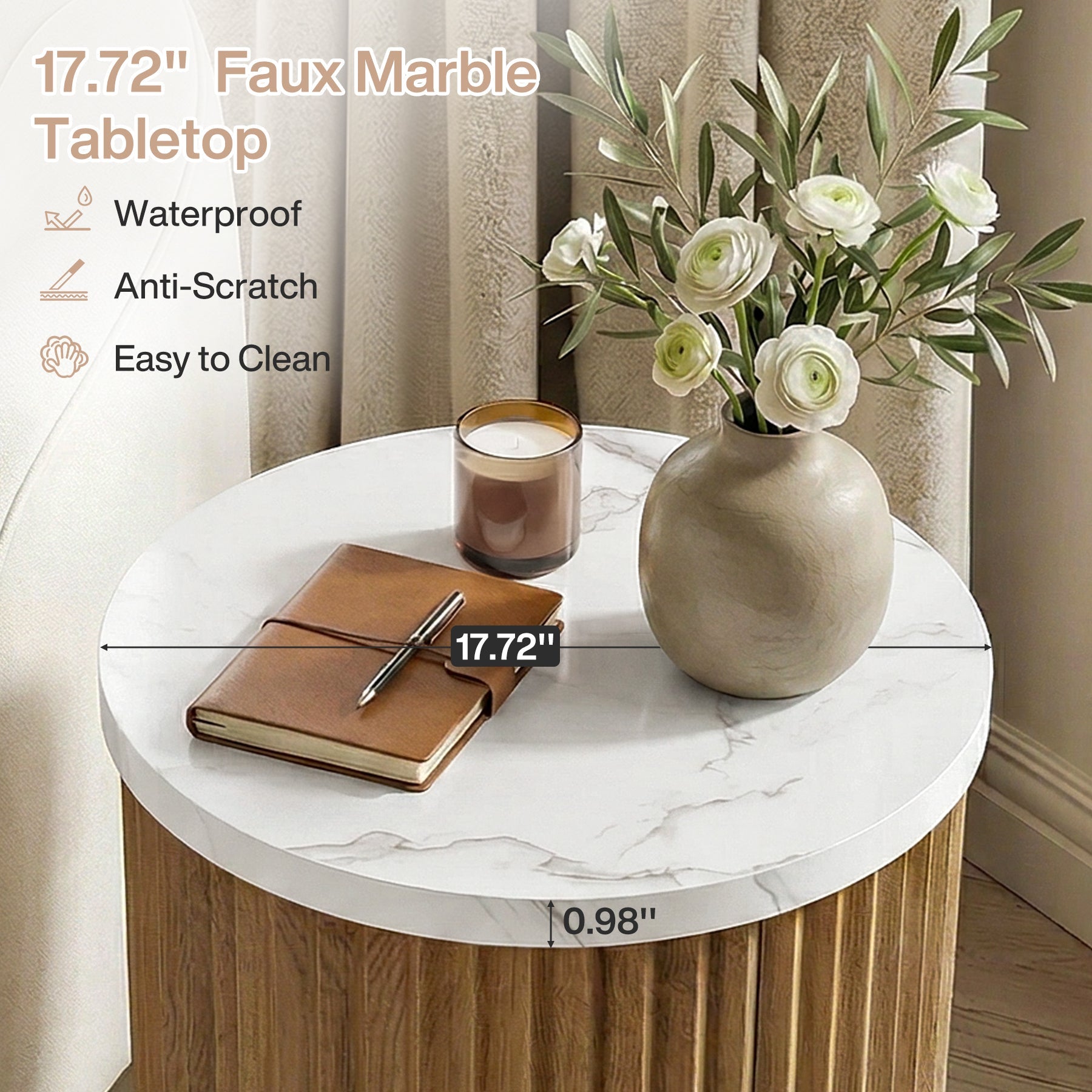 23.6" Round Nightstand, Bedside Table with Faux Marble Tabletop & Fluted Base