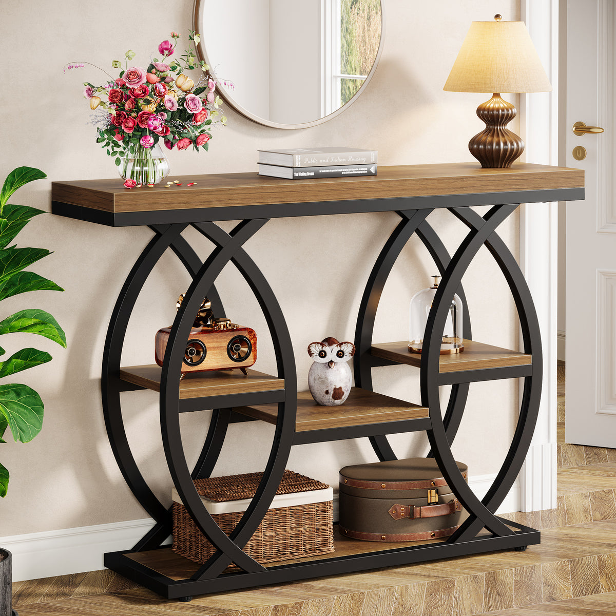 39.4" Console Table, 4-Tier Narrow Sofa Table with Metal Frame & Storage