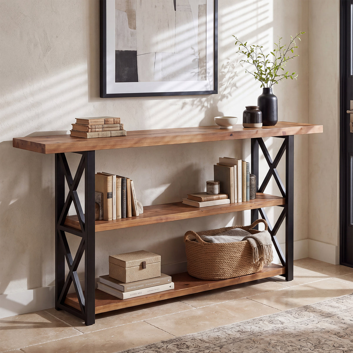 160cm Console Table, 3-Tier Solid Wood Narrow Sofa Table