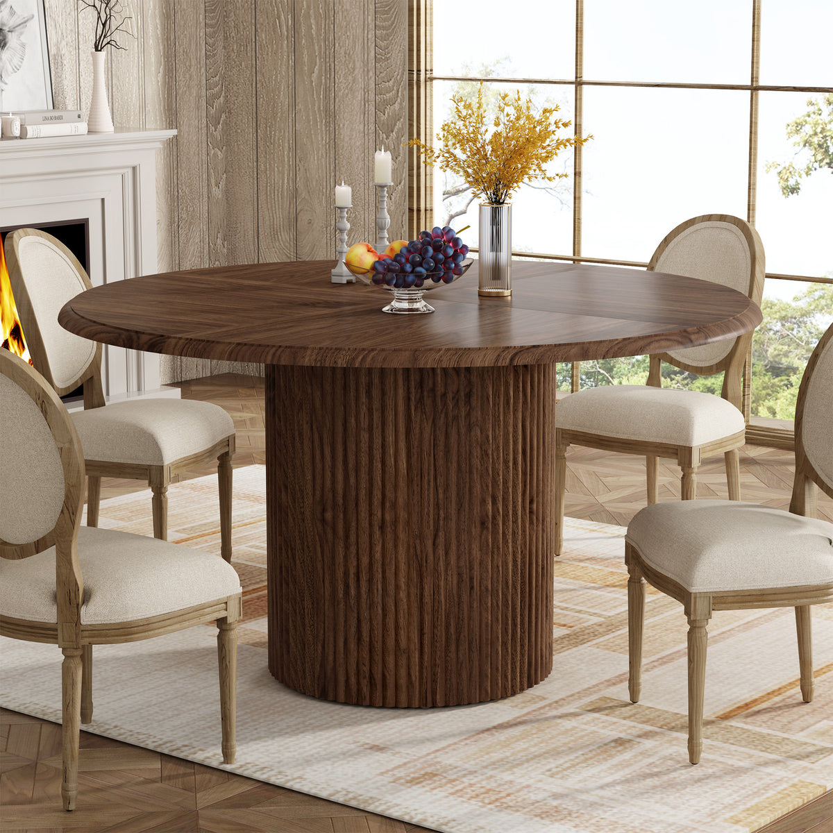 120cm Round Dining Table, Modern Kitchen Table for 4-6 with Metal Base