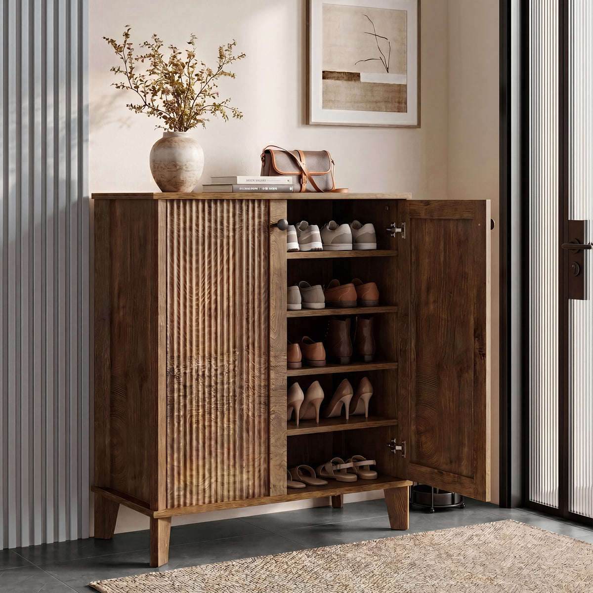 80cm Shoe Cabinet, 5-Tier Rustic Storage Organiser with Adjustable Shelves for Hallway Entryway