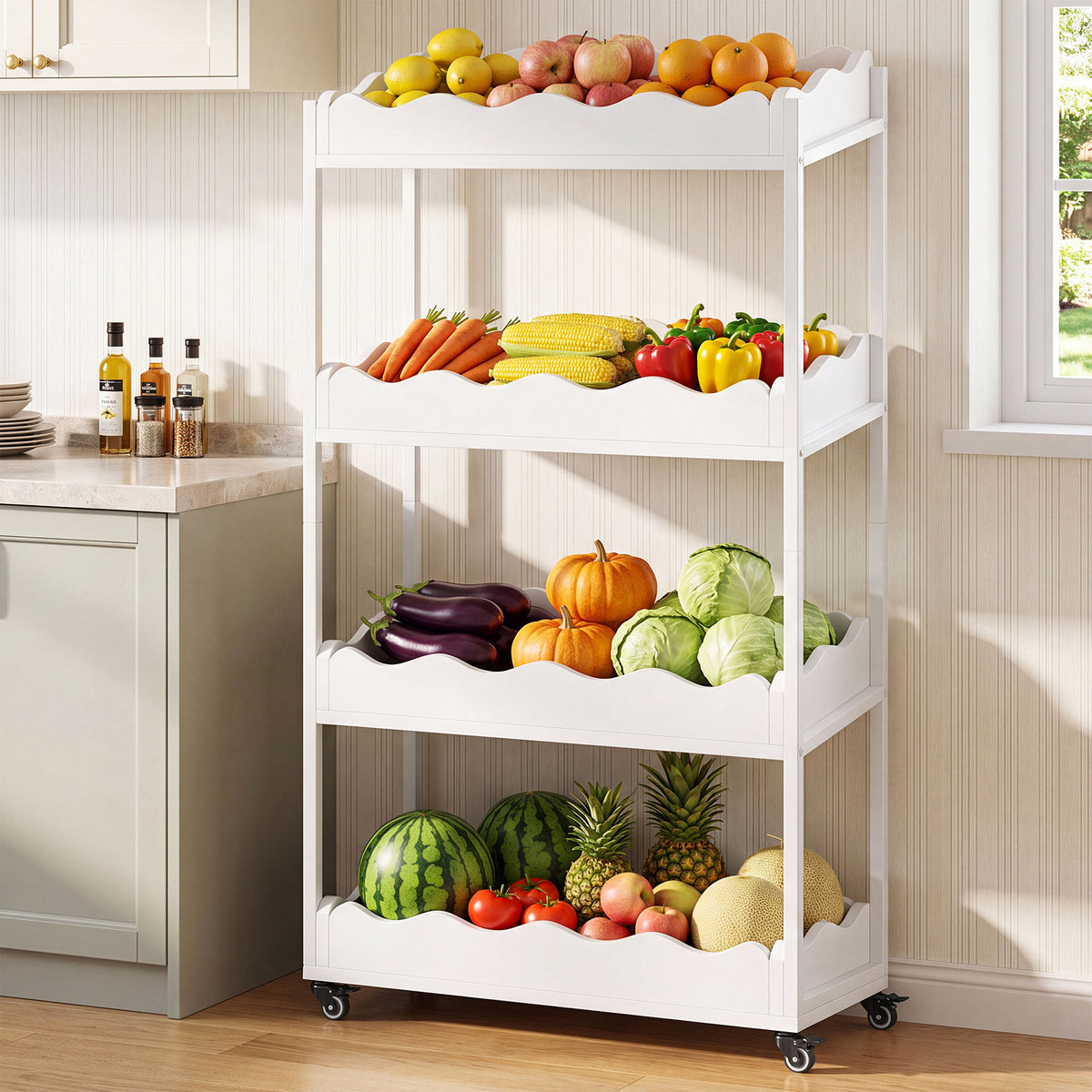 140cm 4-Tier Kitchen Trolley, Fruit & Veg Storage Rack with Wheels for Kitchen