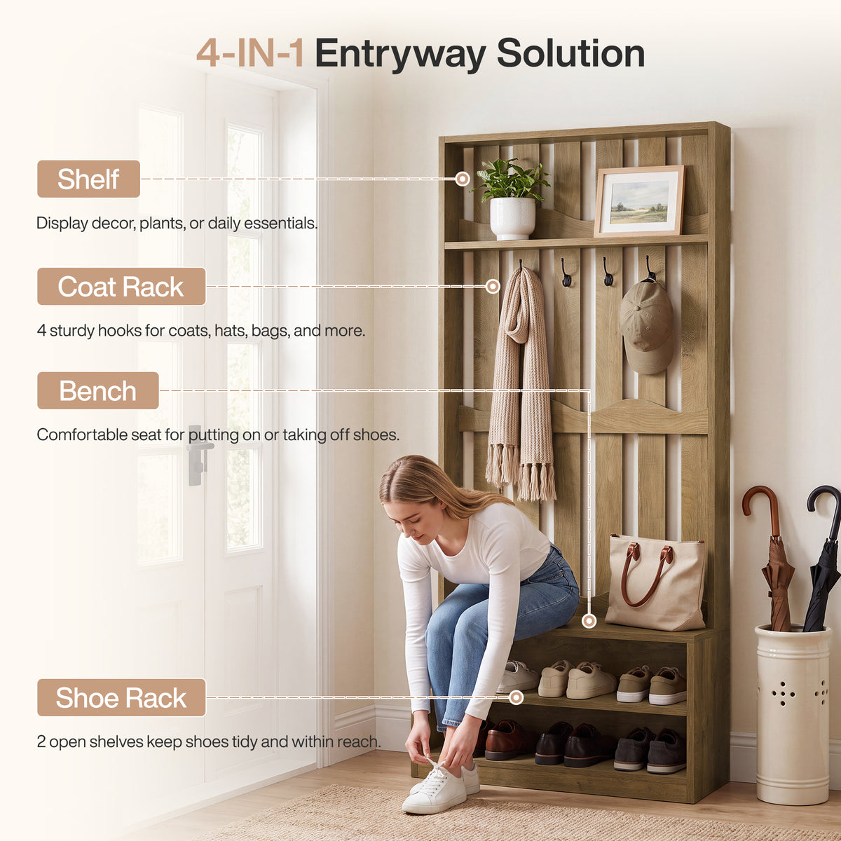 182cm Hall Tree, Farmhouse Entryway Storage with Bench & 4 Coat Hooks