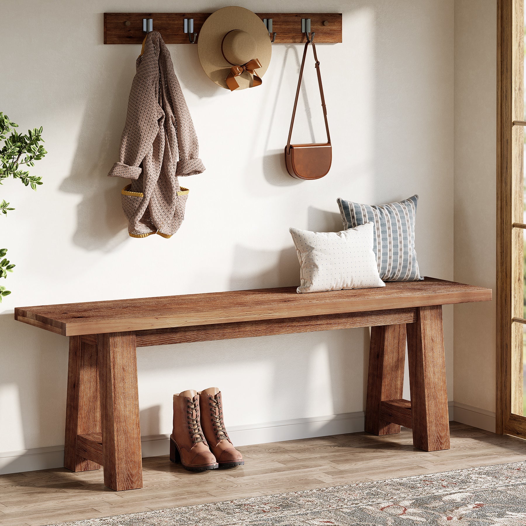 55" Solid Wood Bench, Farmhouse Shoe Entryway Bench for Living Room