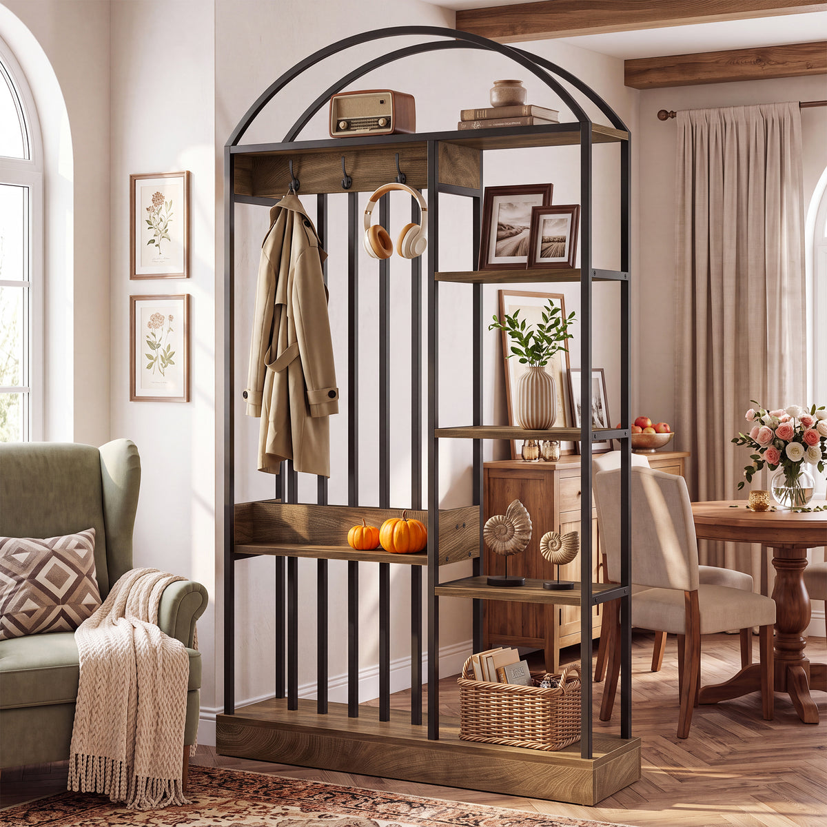 181cm Wall Room Divider, Freestanding Metal Frame MDF Shelves for Living Room